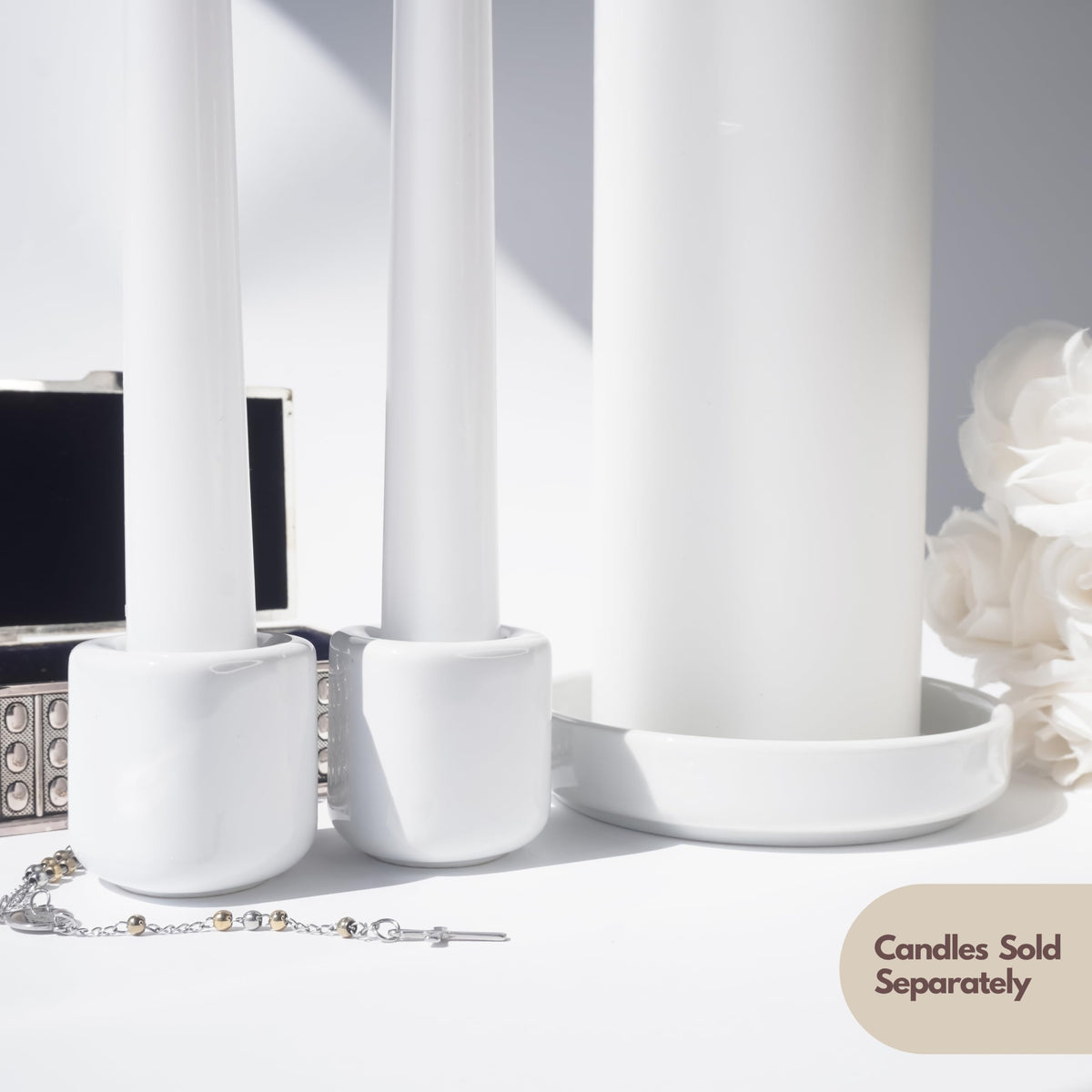 Unity Candle Holders and Vase Set, White Porcelain Candleholders for Taper Candles and Vase for Pillar Candle, Set of 3, Minimalist Round Ceramic Candle Holders, Great for Wedding Candle Set