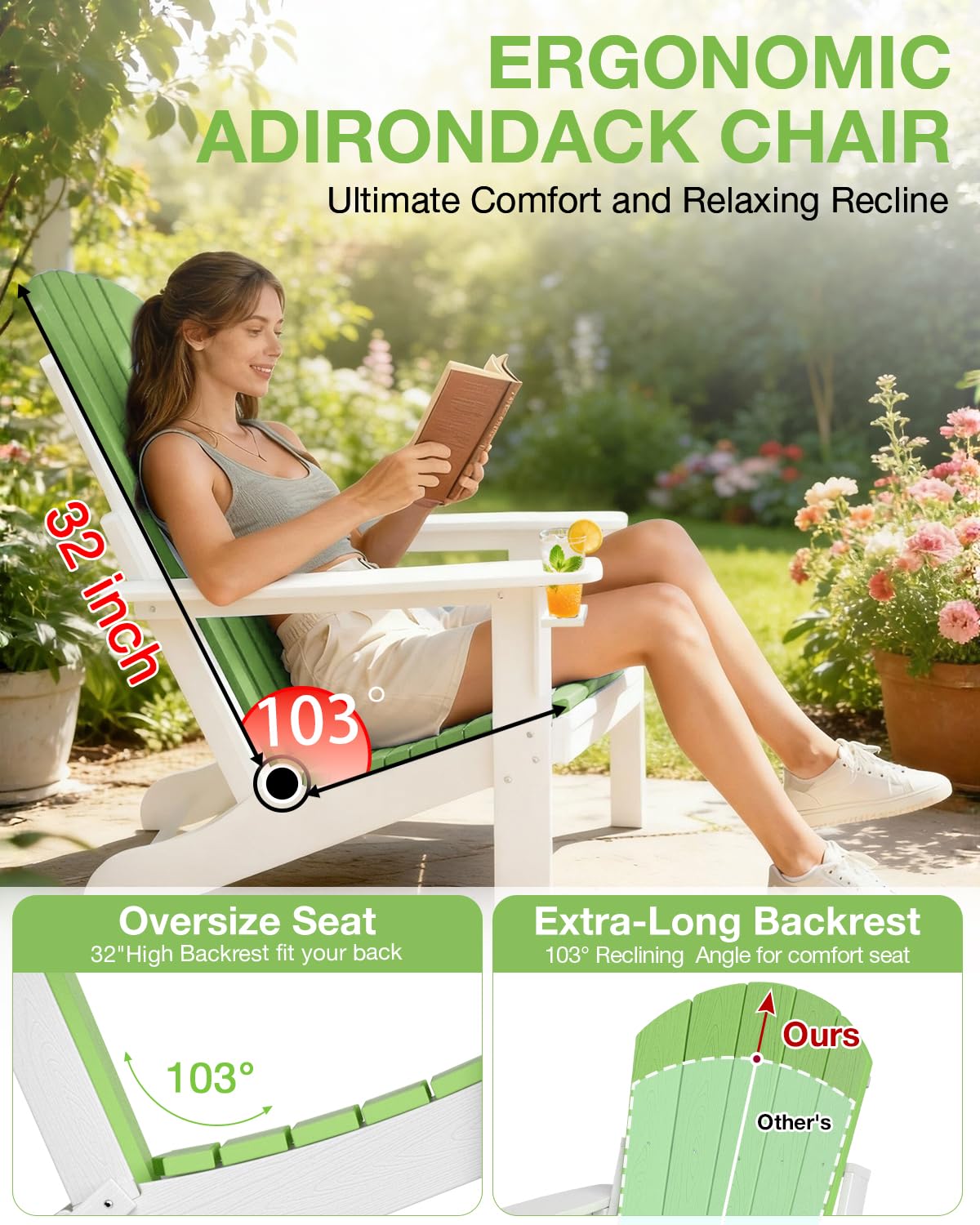 Folding Adirondack Chair –Recyclable HDPE Outdoor Adirondack Patio Chair with Cup Holder, Wood Texture & Umbrella Hole, 25-Year Fade-Free All Weather for Fire Pit, Porch, Poolside, Deck, Lime & White