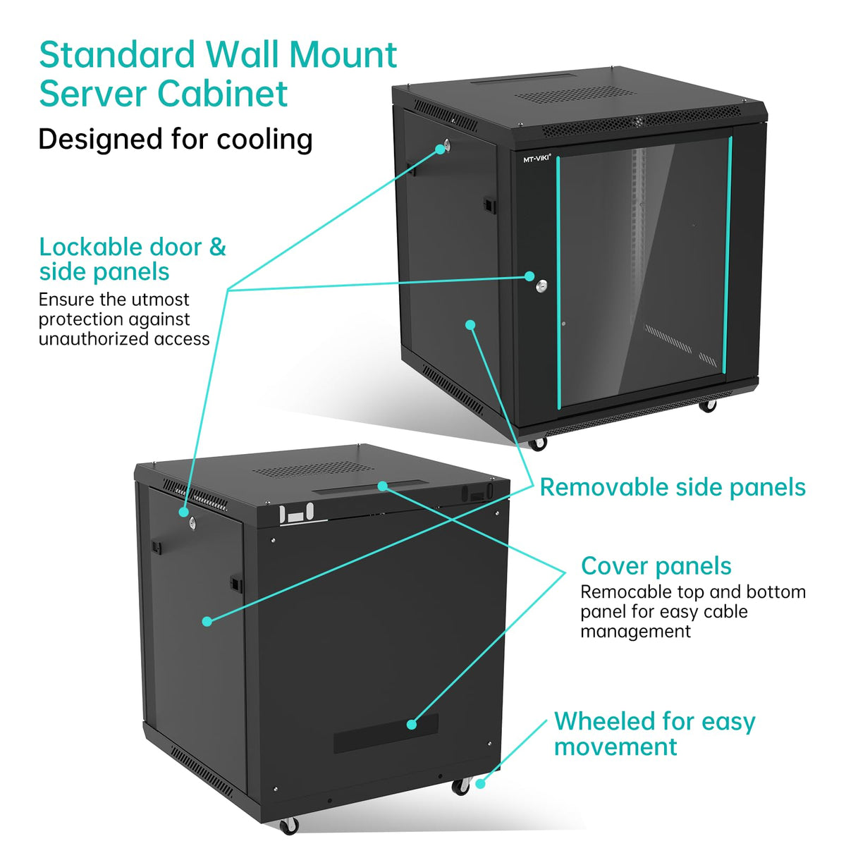 MT-VIKI 12U Server Cabinet Network Rack Vented Enclosure w/Moving Wheel, 0.8mm Thick Steel, 23.6‘’ Deep (600mm), for 19'' IT Equipment, Included 1pcs 12'' Depth Rack Shelf