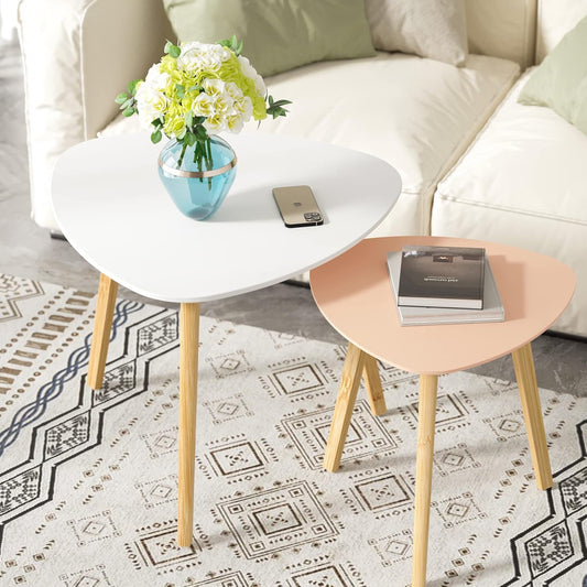 BAMEOS Bamboo Nesting Triangle End Table,Set of 2 SideTable Modern Minimalist Coffee Table for Living Room (White & Pink)