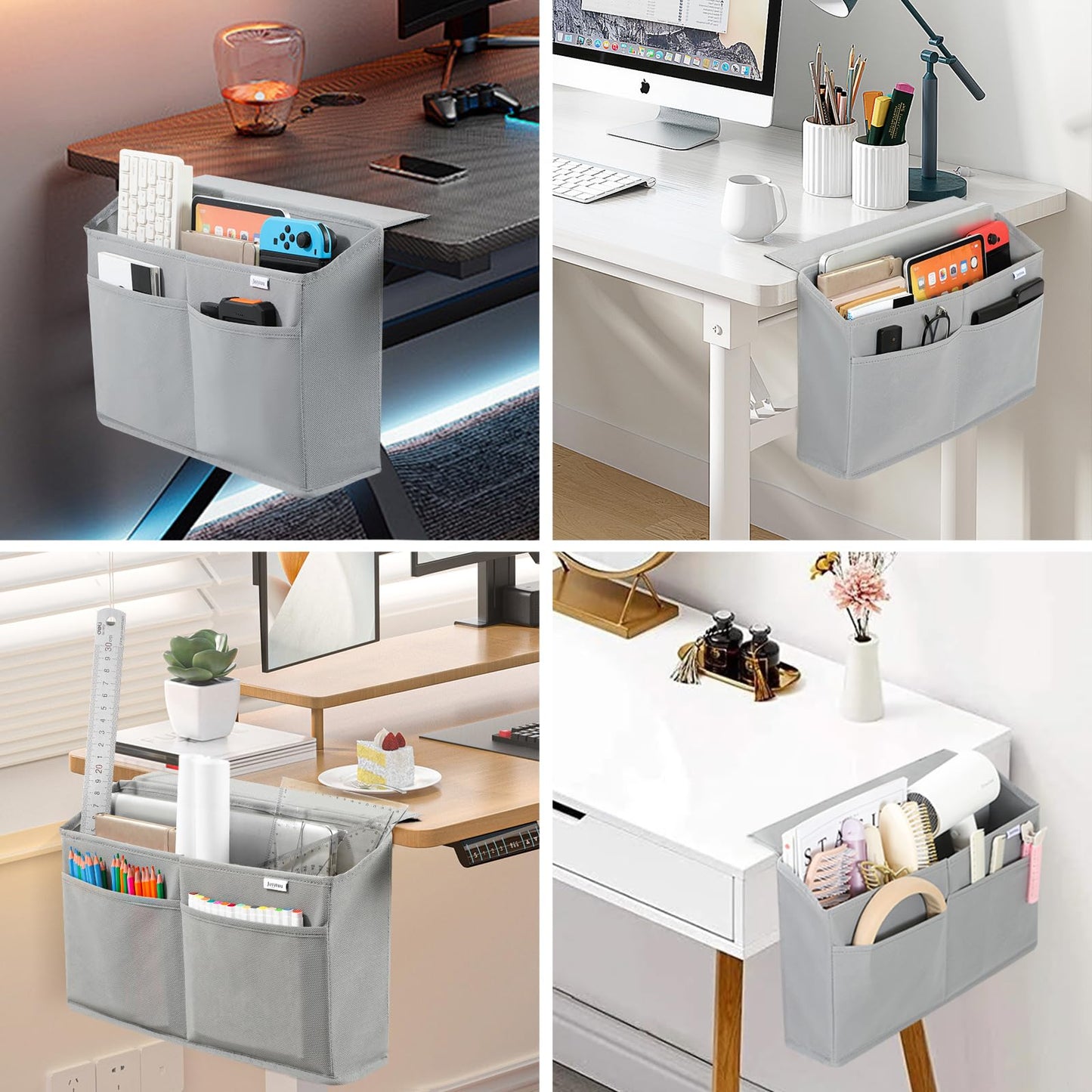 JOYYTUU Desk Side Hanging Organizer, Adhesive Storage Bag with Pockets for Magazine Ipad Notebook, for End Tables Home Office Desks Computer Workstations Dressing Table, Grey