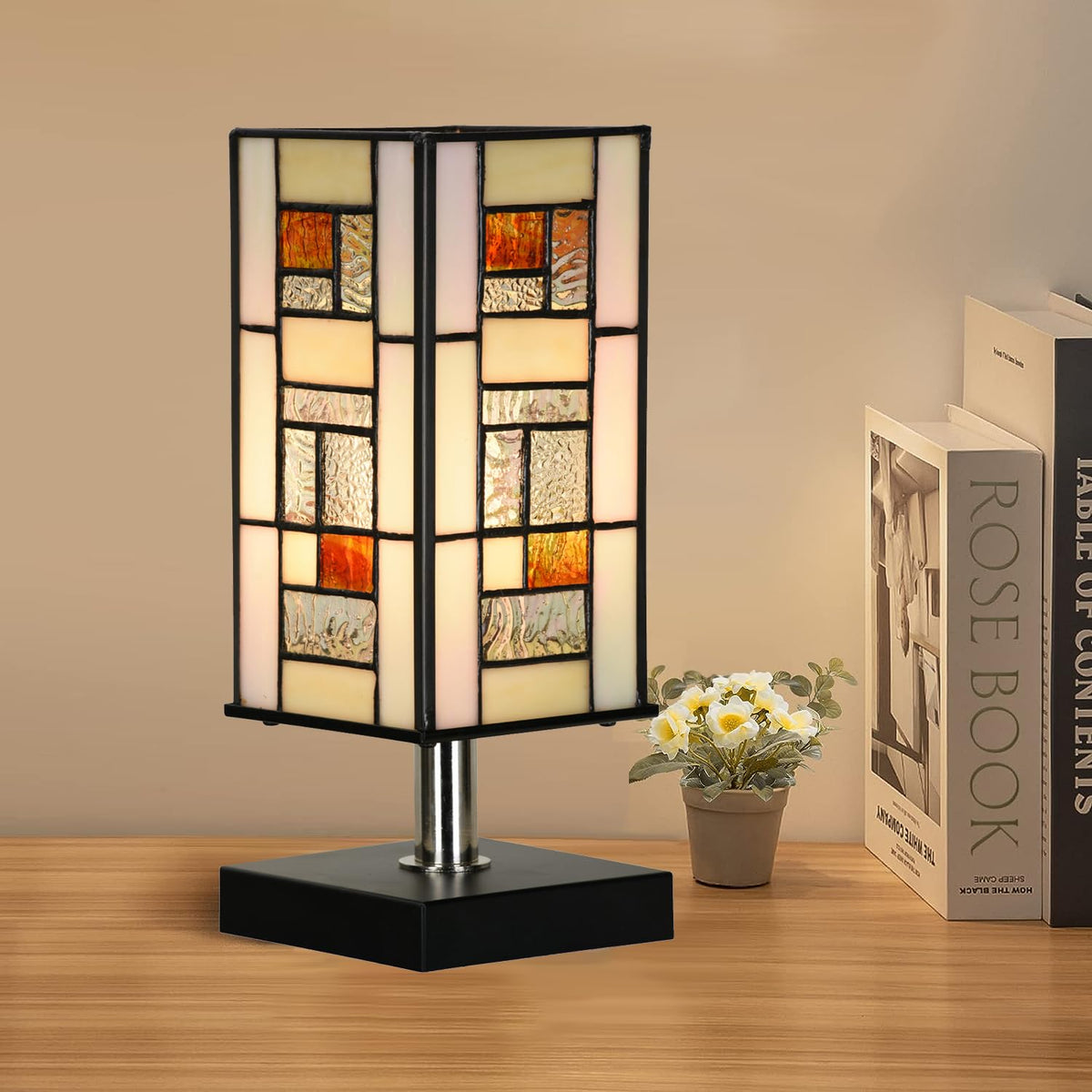 HomeBeauty TL0013 Small Retangular Tiffany Lamp Stained Glass Uplight Table Lamp, Mission Style Geometric Desk Nightstand Lamp for Bedroom Living Room Office Dorm, 4.5" W x 11" H, LED Bulb Included