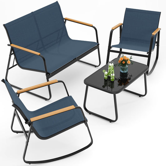 Ahomly 4-Piece Patio Furniture Set, Textilene Outdoor Conversation Set with 2 Rocking Chairs and Tempered Glass Coffee Table, for Lawn, Garden, Balcony, Poolside (Blue)