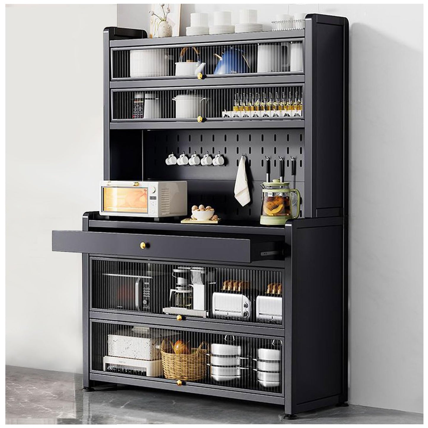 Freestanding Multi-Layer Kitchen Floor Cupboard，Kitchen Pantry Storage Cabinet with Microwave Stand Drawer and Wheels Freestanding White Hutch Cupboard for Tall and Spacious Storage (39×68in