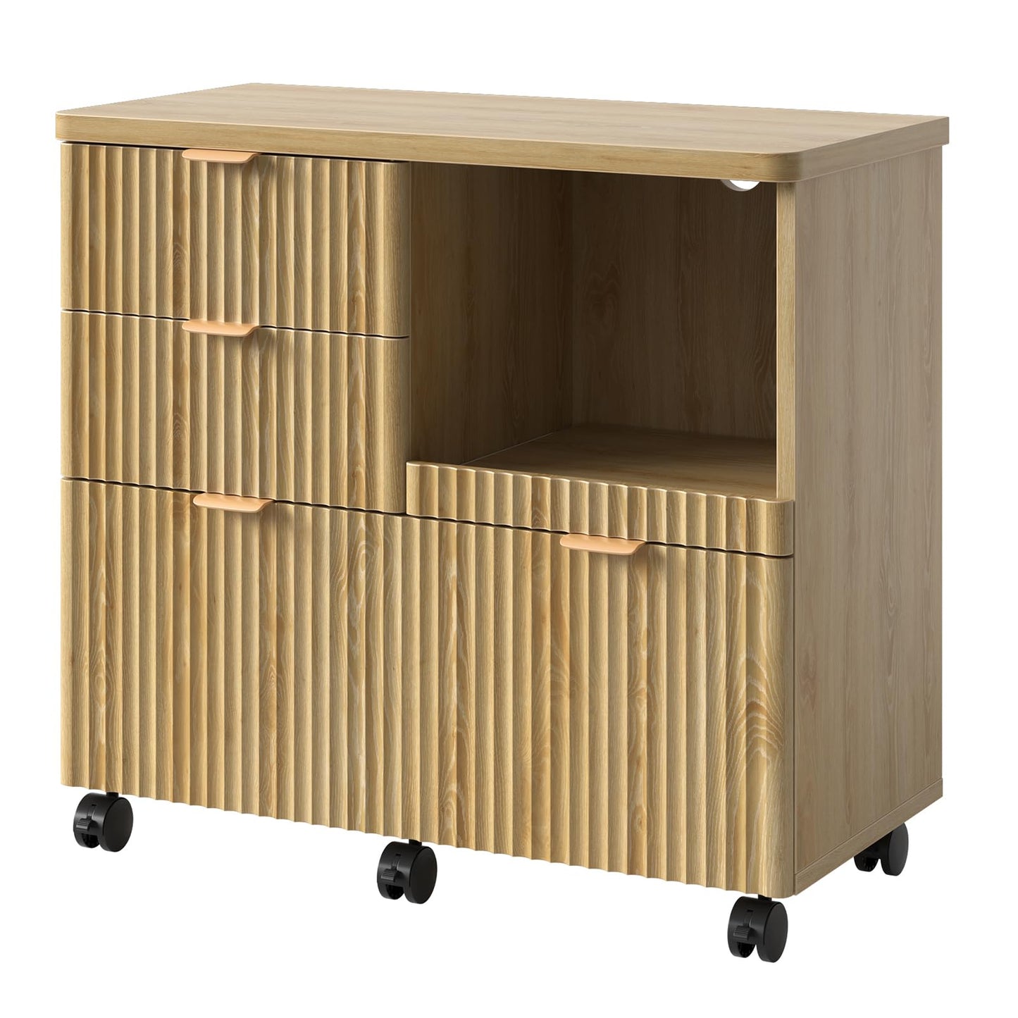 Bestier 3 Drawer File Cabinet, Decorative Fluted Wood Lateral Filing Cabinet with Caster for Home Office, Fits for A4/Letter/Legal-Sized Files, Printer Stand with Open Storage Shelves, Oak