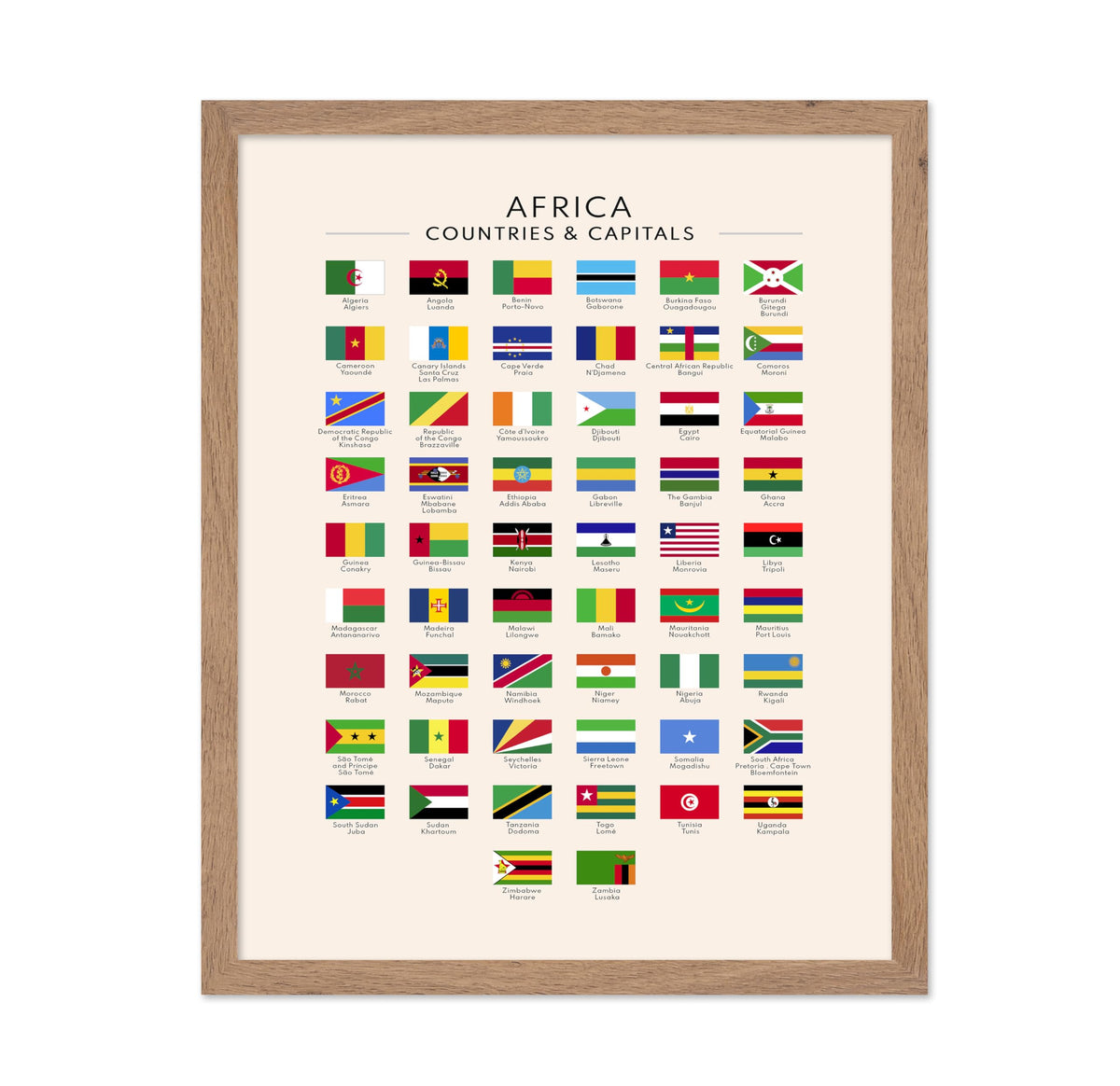 Poster Master Flags of Africa Poster - African Countries & Capitals Print - Learning Materials Art - Flag Art - Gift for Students & Teachers - Decor for Classroom or Library, 11x14 Beige Framed