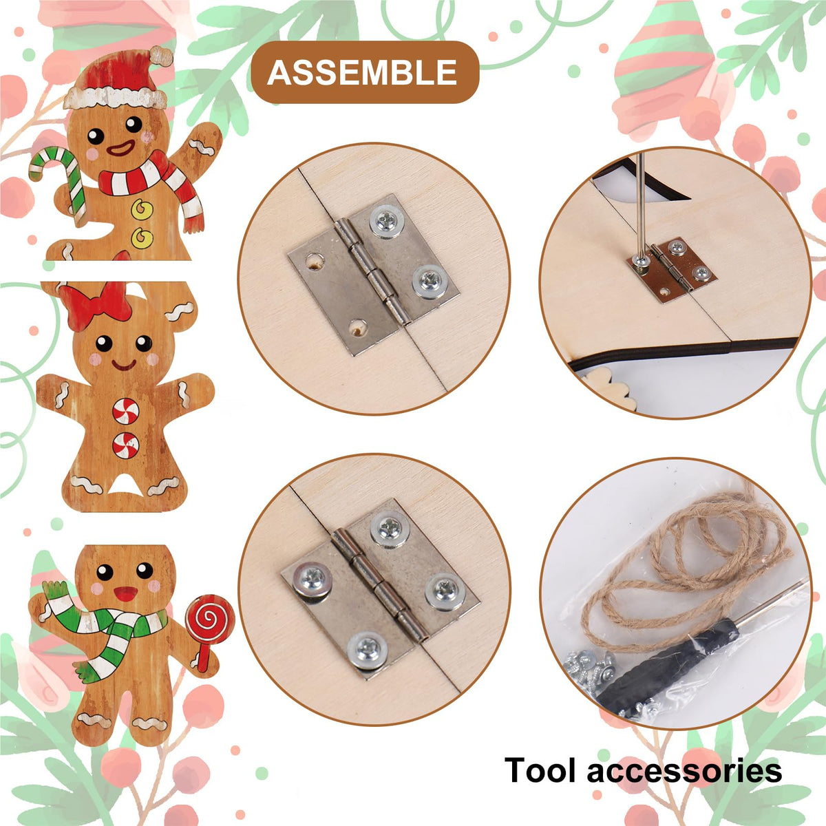 Whaline 41.7in Christmas Gingerbread Man Wooden Porch Sign Hanging Welcome Sign Farmhouse Front Door Hanger for Xmas Home Party Wall Decoration