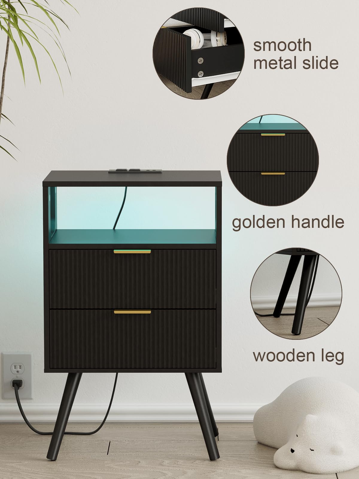 Leomonio Nightstand with Charging Station and LED Lights, Modern Bedside Table with 2 Storage Drawer and Open Wood Shelf for Bedroom and Small Spaces, Night Stand with Solid Wood Legs
