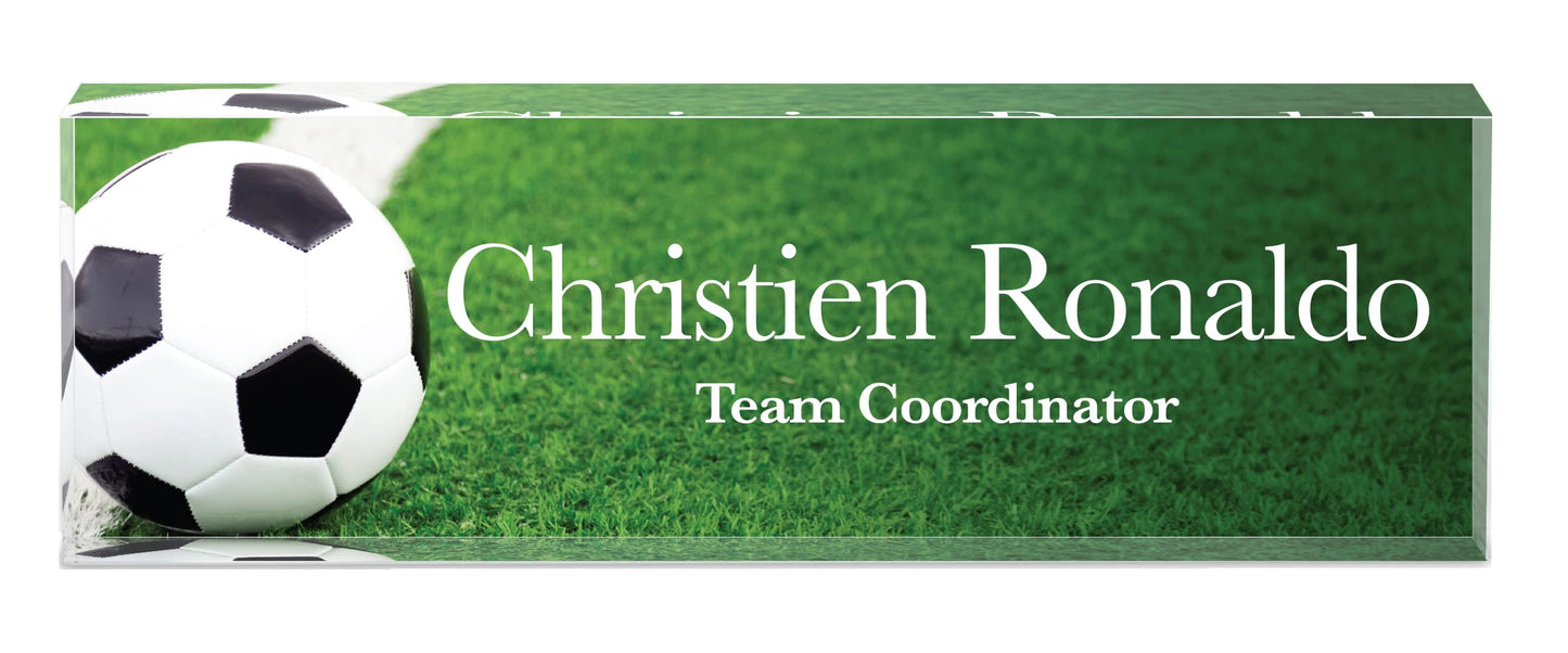 Infusion Personalized Office Desk Name Plate Acrylic Glass Block (8 x 2.5 x 1.25'', Soccer Ball)