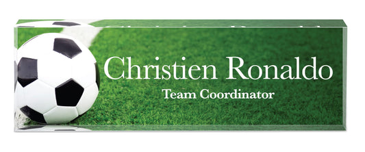 Infusion Personalized Office Desk Name Plate Acrylic Glass Block (8 x 2.5 x 1.25'', Soccer Ball)