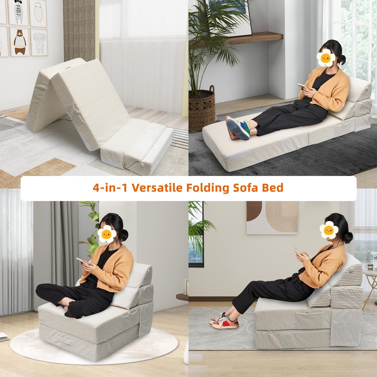 INRLKIT Cozy Folding Sofa Bed Convertible Sleeper Chair Couch Foldable Floor Mattress Comfy Portable Floor Sofa Lounge for Living Room Bedroom(77"x26",Beige White,30D Density Foam)