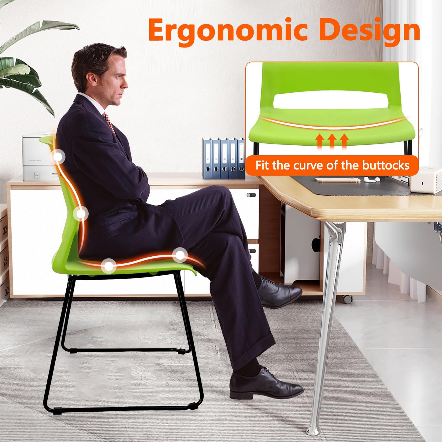 KLASIKA Stackable Guest Reception Chairs, Stacking Office Chair with Ergonomic Lumbar Support & Metal Legs, Plastic Desk Chairs for Conference School Church Waiting Meeting Break Room Set of 12, Green