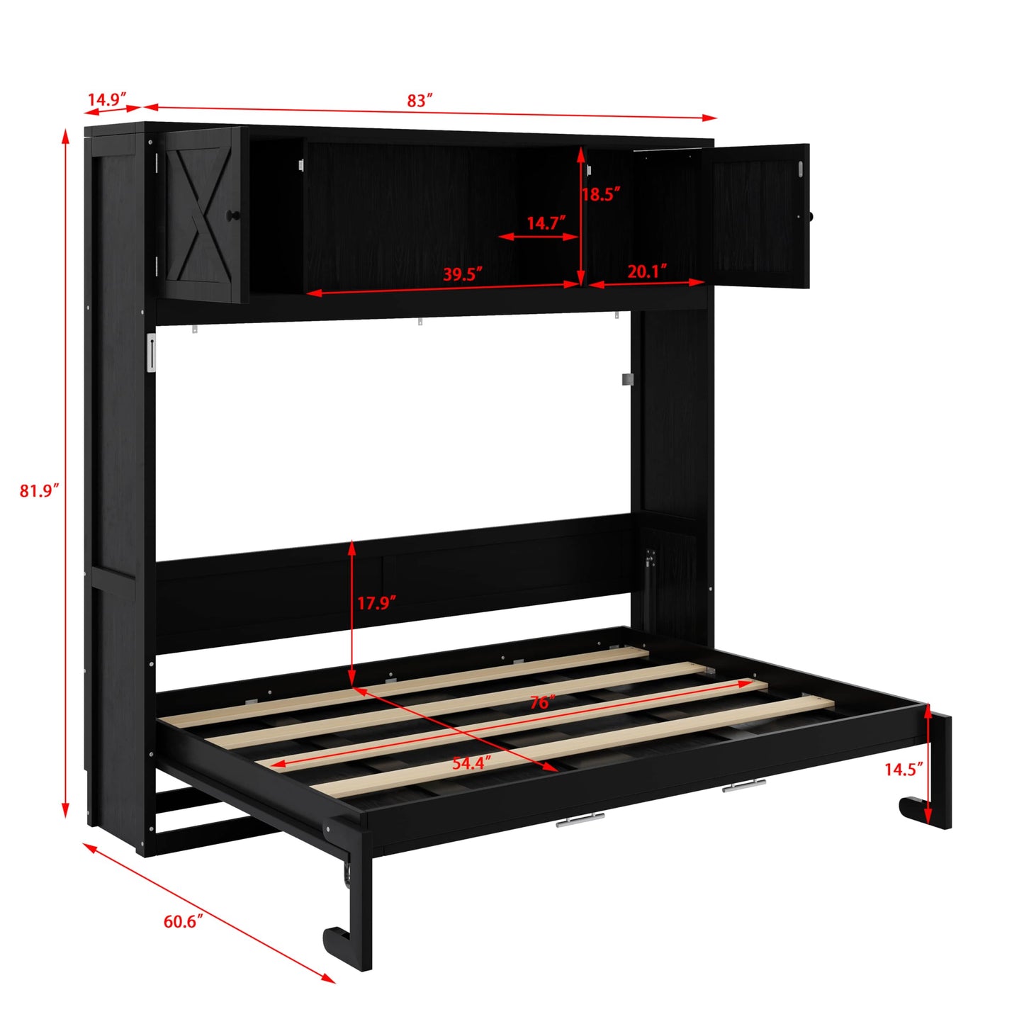 YunNianYang Full Size Black Murphy Bed with Storage Cabinets