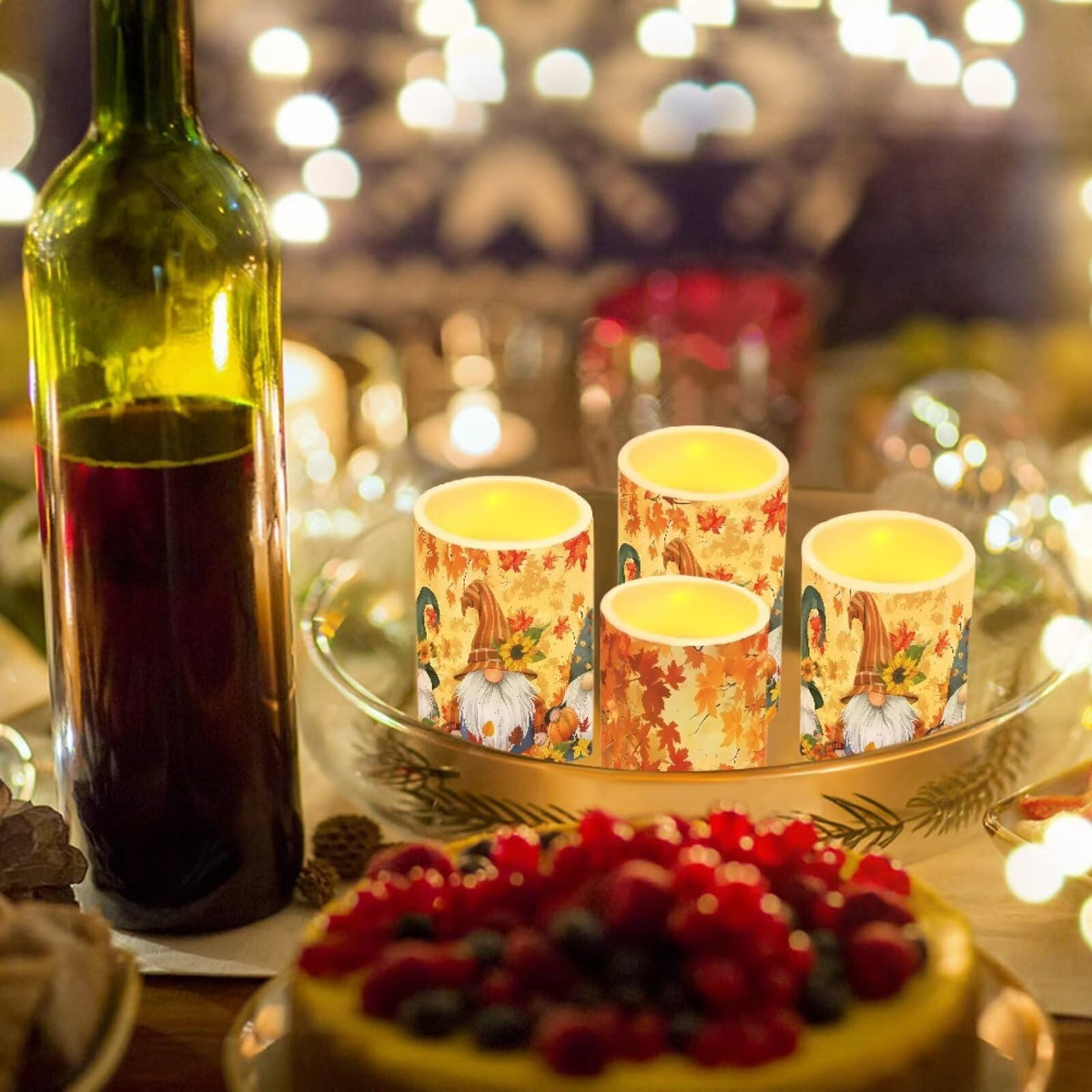 NETILGEN Thanksgiving Day Decor Flameless Candles Set of 4, Battery Powered with Timer Remote LED Pillar Candles Maple Leaf Gnome Print