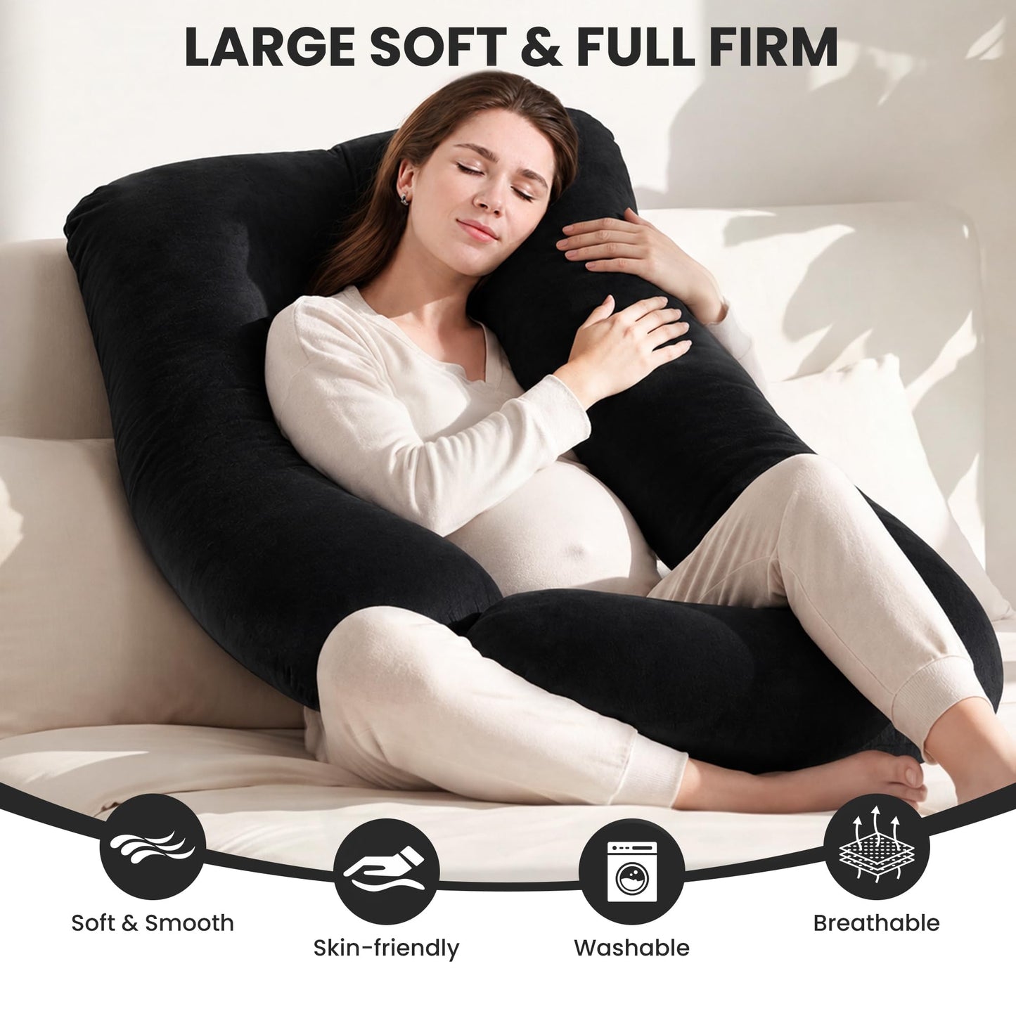Jcickt Pregnancy Pillow for Sleeping,59 inch Maternity Pillow with Removable Washable Cover,J-Shaped Velvet Full Body Pregnant Pillow -Support for Backs,Legs, Belly, HIPS, Improve Sleep-Black