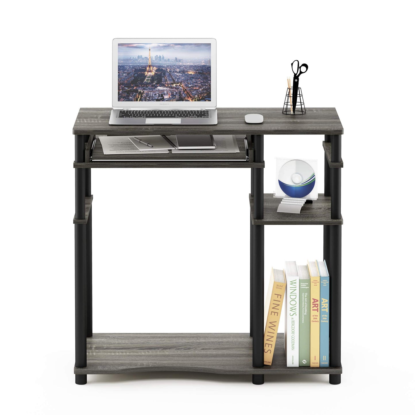 Furinno Abbott Computer Desk with Bookshelf, French Oak Grey/Black