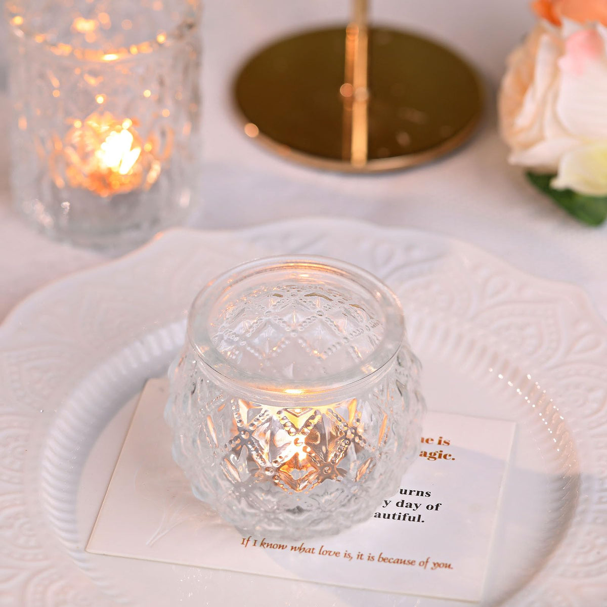 DARJEN Clear Votive Candle Holders Set of 24- Round Glass Candle Holders Bulk for Tea Light Candle, Embossed Candle Votives for Wedding Centerpiece, Various Parties & Home Decor