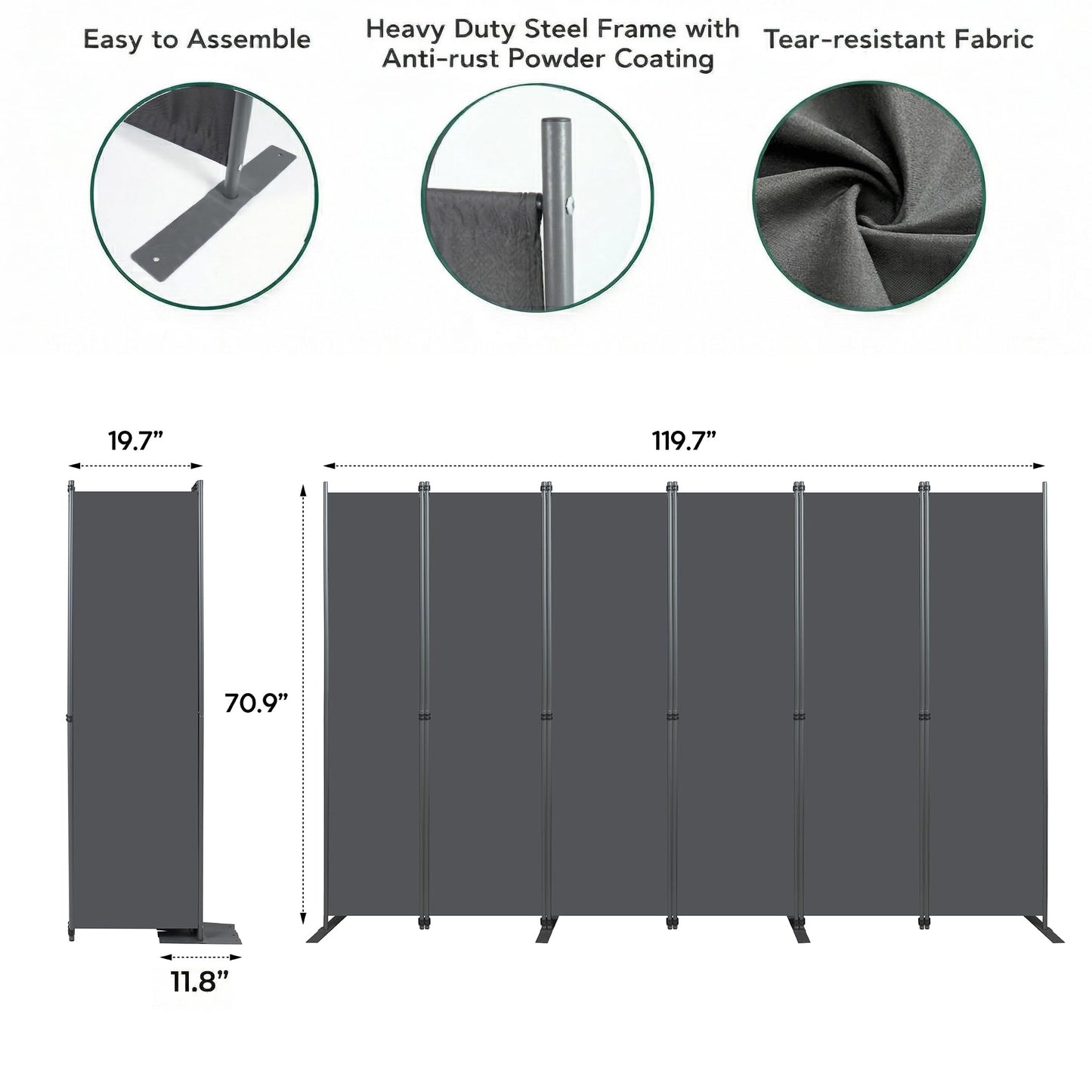6-Panels Room Divider, 6FT Tall Freestanding Privacy Screen, Portable Partition with Non-Slip Base for Home Office, Bedroom, Studio Room Separation 120" W X 71" H Gray