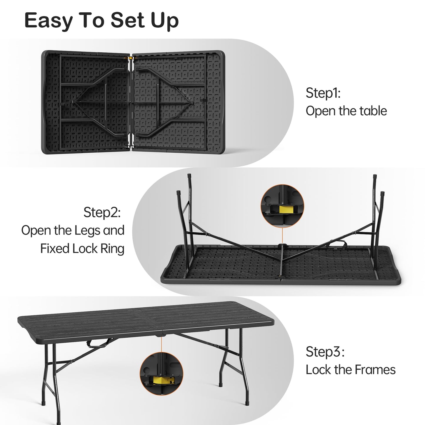 VSOAEIL Folding Table 6 Foot for Indoor Outdoor, Portable Heavy Duty Fold-in-Half Utility Plastic Foldable Dining Table with Carrying Handle for Picnic, Camping and Party, Matte Black