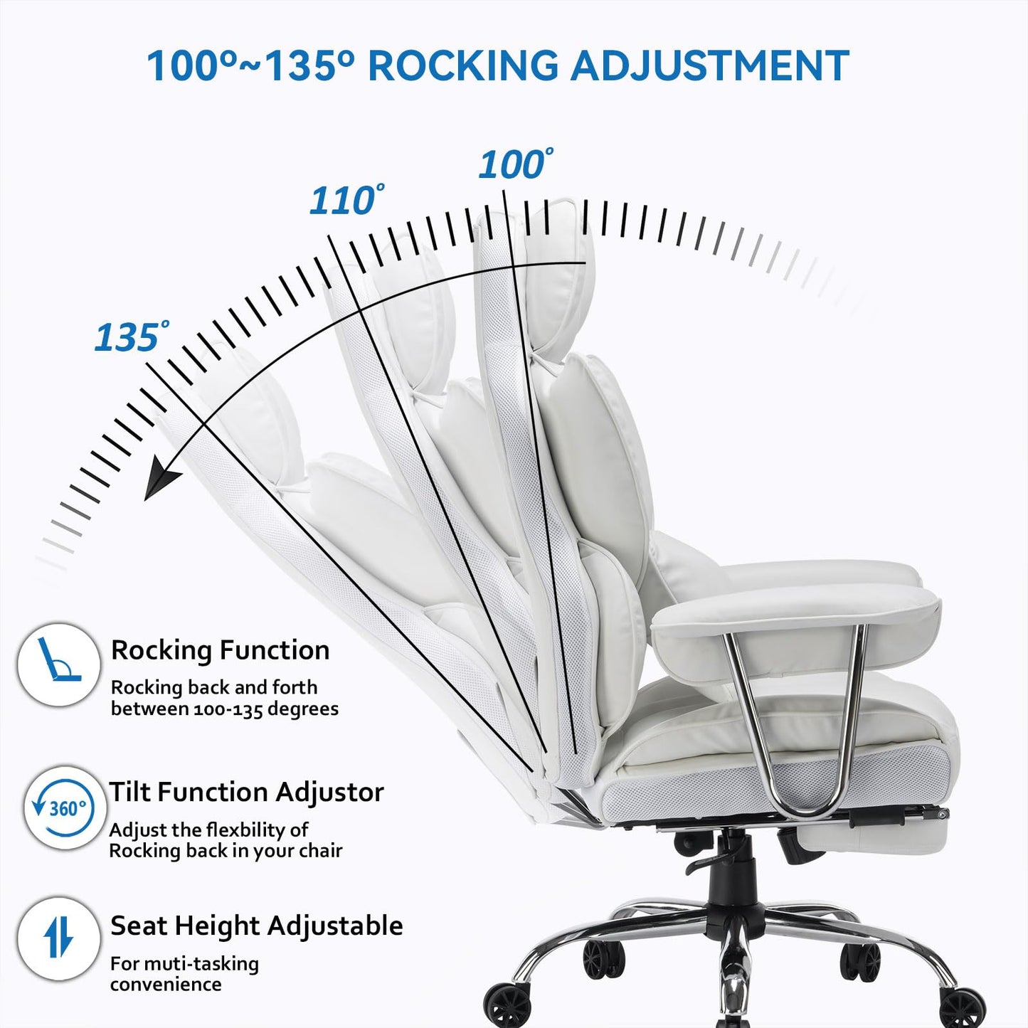 Efomao Big and Tall Office Chair 400lbs, Executive PU Leather Desk Chair with Footrest & Lumbar Support, Heavy Duty Computer Seating for Home, White