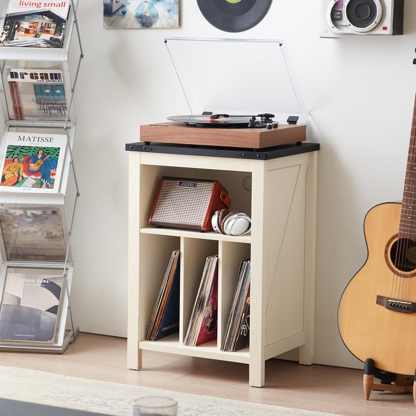 Joaxswe Record Player Stand with Vinyl Record Storage,White Record Player Table Holds up to 160 Albums,Large Wood Turntable Stand Cabinet Dispaly Shelf for Living Room,Bedroom,Office