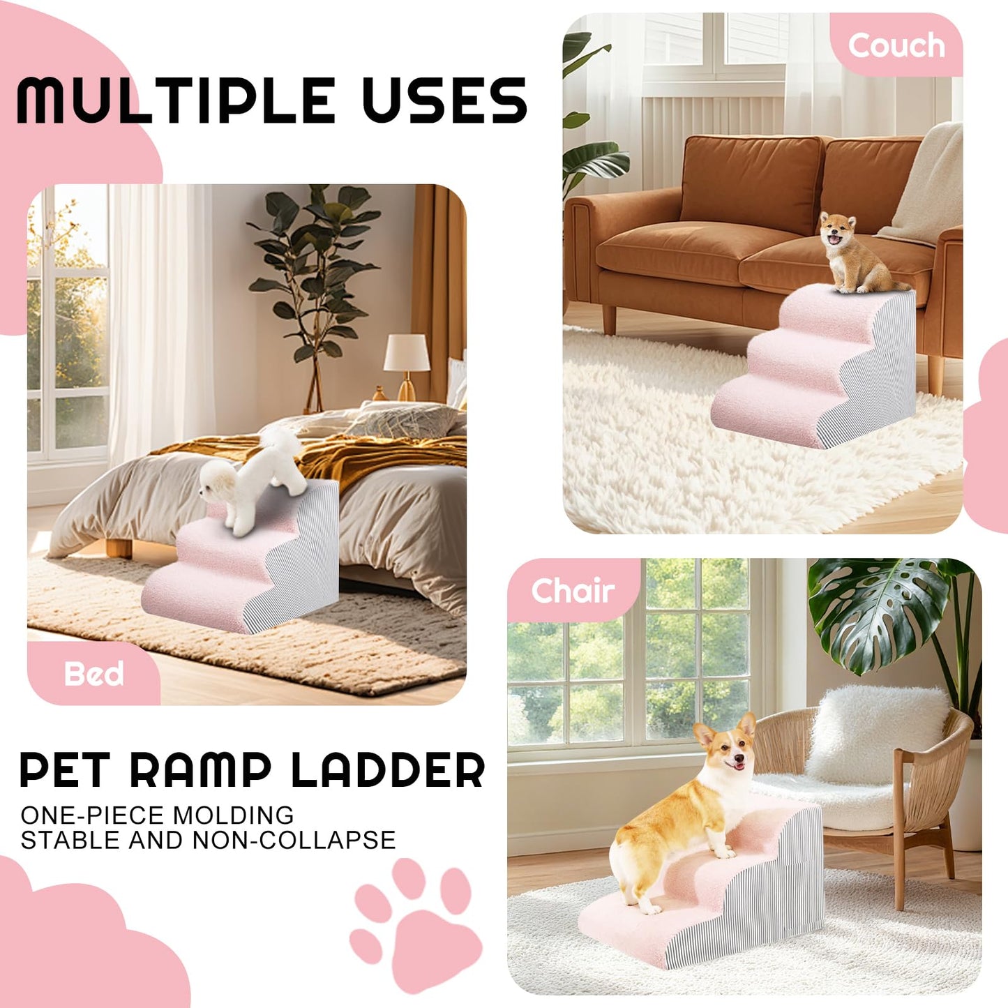 Dog Stairs for Bed 13.7" H, 30D Foam 3-Step for Sofa,Curved Stairs for Puppy,Pet Steps for Couch for Small Dogs and Cats or Pets Friendly