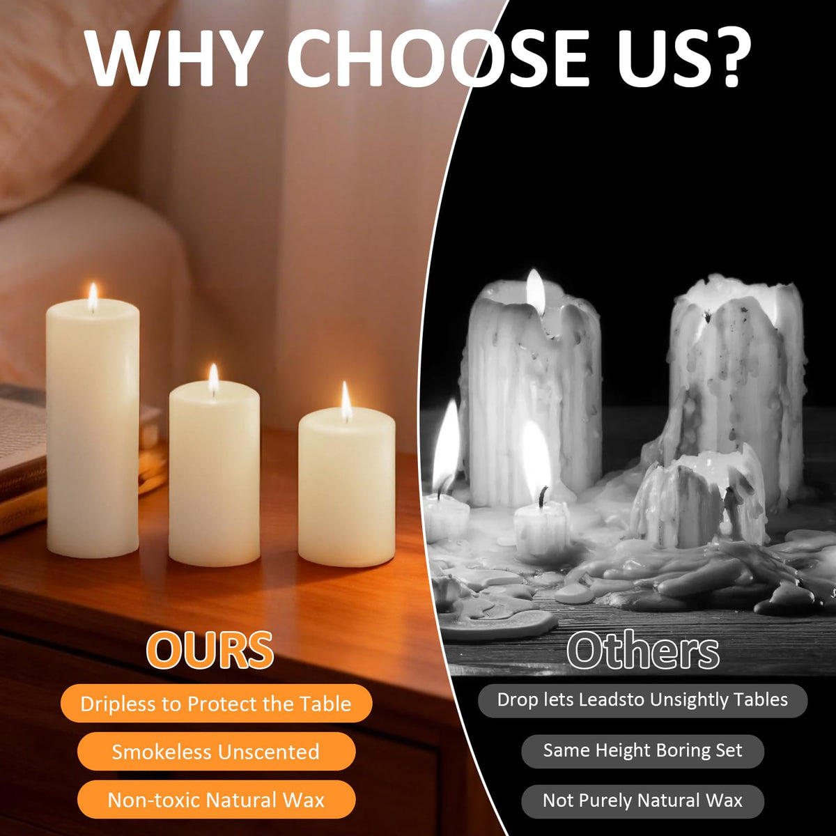 Trxvxo White Pillar Candles, 6-Pack Bulk Set in 3 Sizes (3, 6 & 8 Inch - 2 Each). Dripless, Unscented & Smokeless Hurricane Candles for Weddings, Parties & Home Decor.
