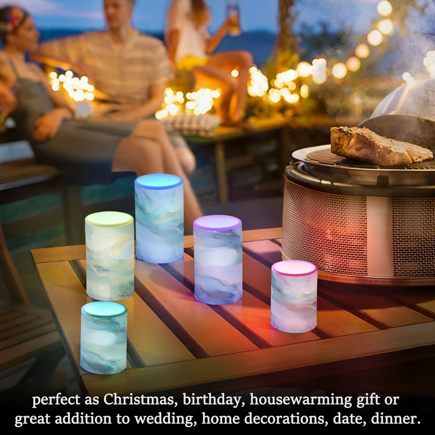 senya Lights Flameless Candles Gray Blue Marble Texture Pillar Candles Set of 2 Battery Operated Remote Control Warm Lights Home Decor