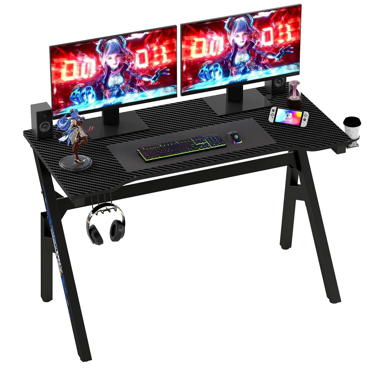 BestOffice | 47" Gaming Desk | Black & Blue | Carbon Fiber Textured Computer Desk | Sturdy Steel Frame,Cup Holder, Headphone Hook, Cable Management Holes, Adjustable Leg Pads | for Gamers,Home,Office
