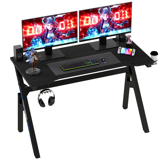 BestOffice | 47" Gaming Desk | Black & Blue | Carbon Fiber Textured Computer Desk | Sturdy Steel Frame,Cup Holder, Headphone Hook, Cable Management Holes, Adjustable Leg Pads | for Gamers,Home,Office
