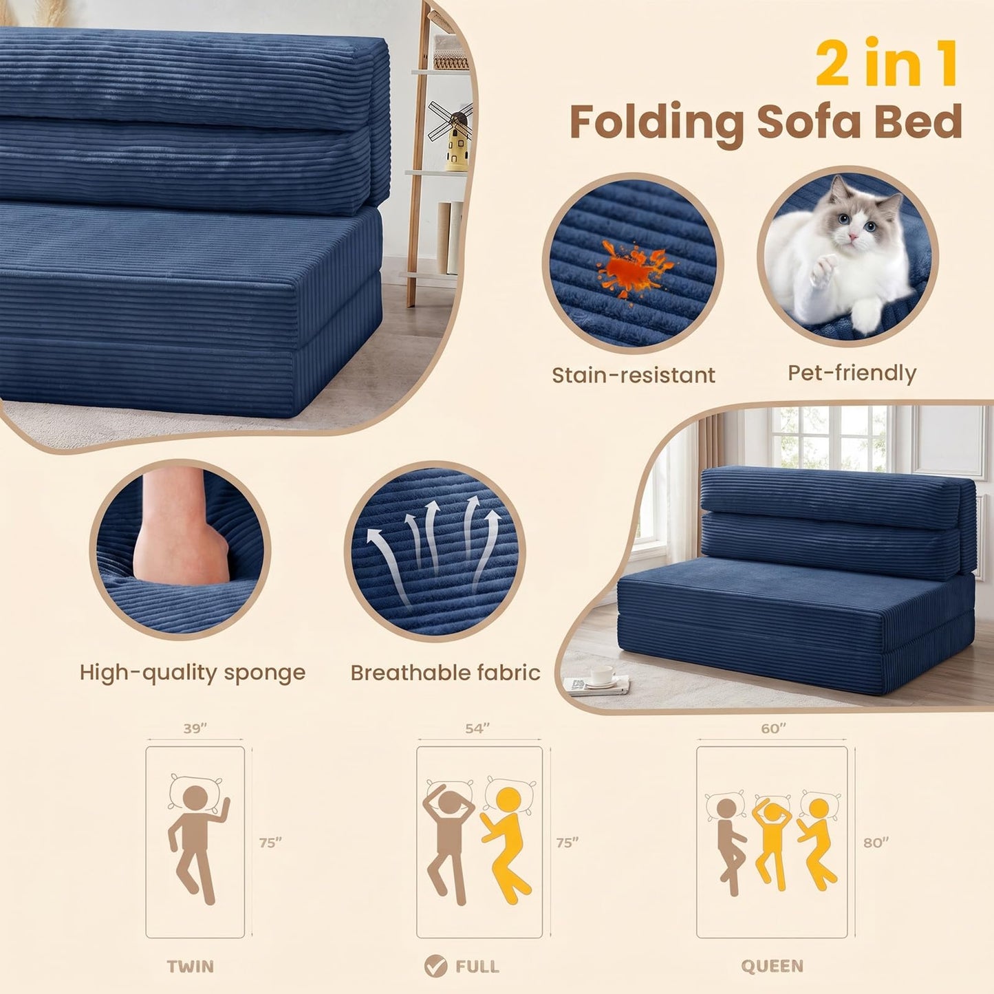 JUIKURY Folding Sofa Bed, Convertible Sleeper Chair with Pilow Foldable Matress, 2 in 1 Pull Out Loveseat Sofa Portable Fold Out Chair Bed Floor Couch Lounge for Living Room (Blue, Full)