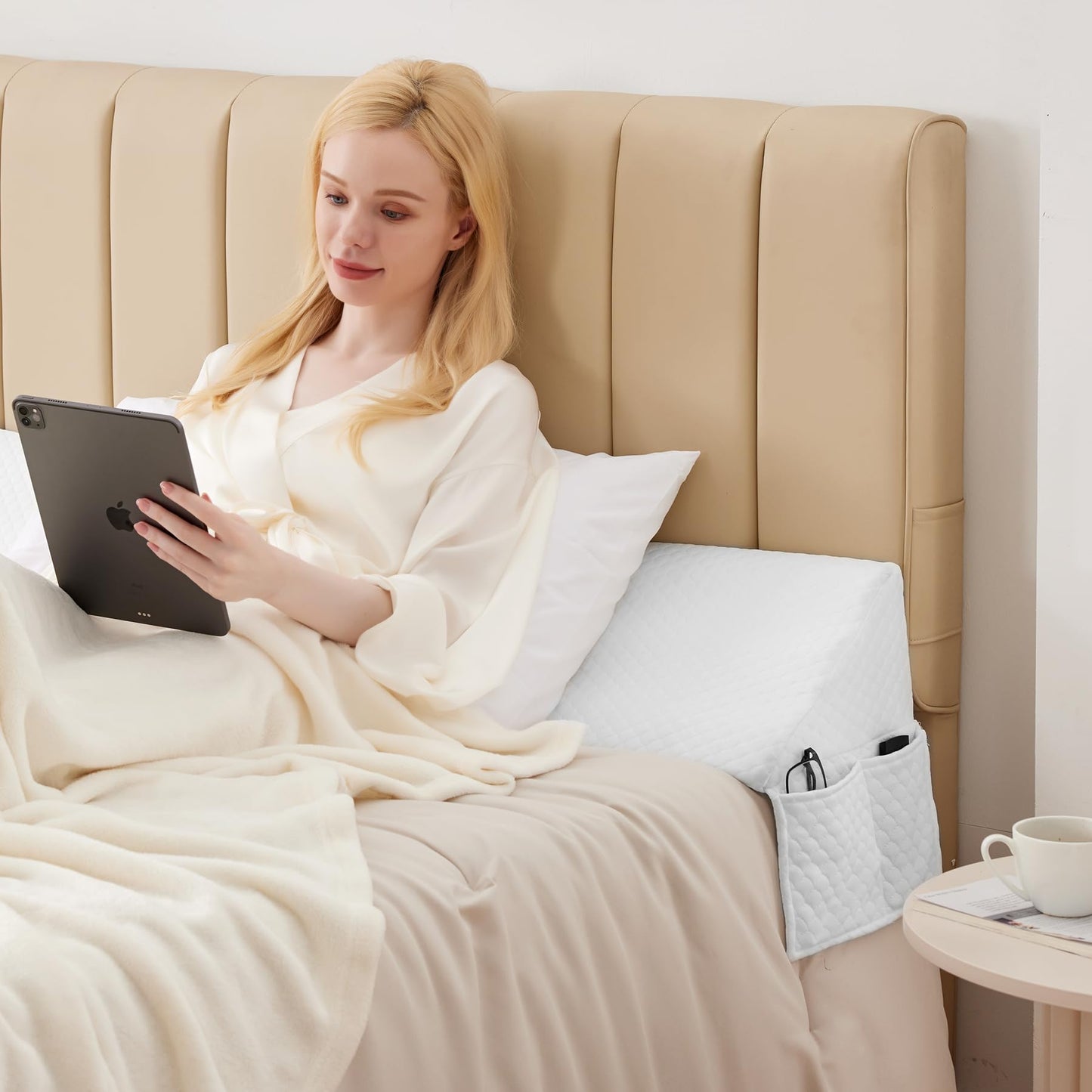 MEGCXIT King Bed Wedge Pillow for Headboard, 76"x10"x6", Bed Gap Filler, Headboard Pillow, Anti-Slip Gap Pillow, Air-Layer White, High Density Foam