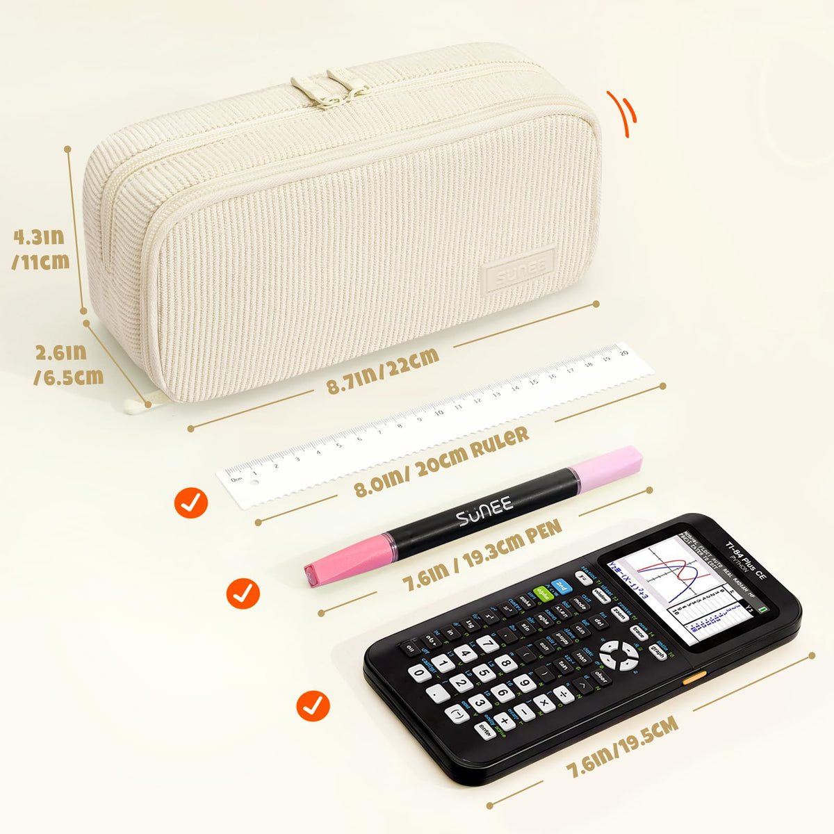 SUNEE Pencil Case, Large Capacity Pencil Pouch, Aesthetic Big Pen Bag, Soft Corduroy Fabric Pen Box for Office Stationery Organizer School Supplies Multifunctional for Teen Boys Girls Women Men, Cream