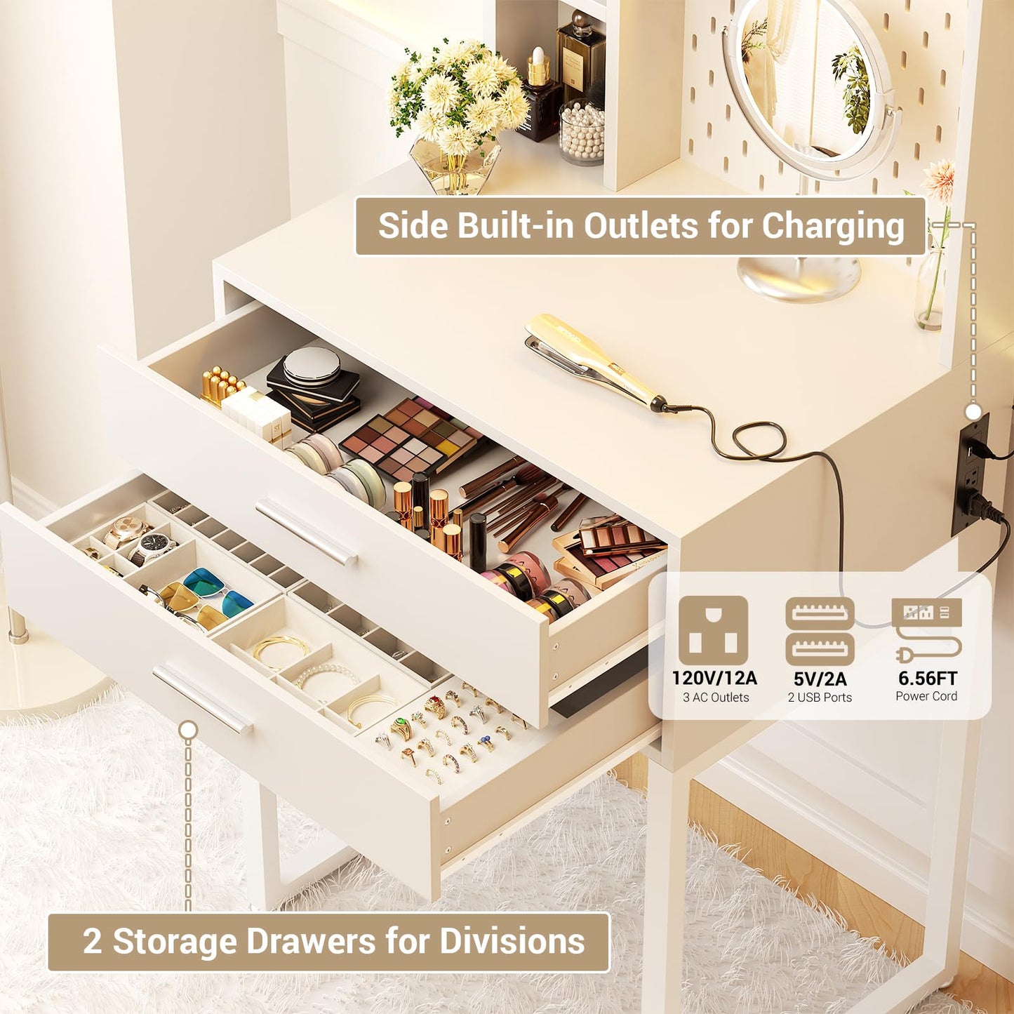 Besiost Small Vanity Desk with Hutch and Drawers, White Makeup Vanity Desk with Charging Station, Vanity Table Dressing Table with LED Lights, Vanity Desk No Mirror with Pegboard for Girls Women, 24"