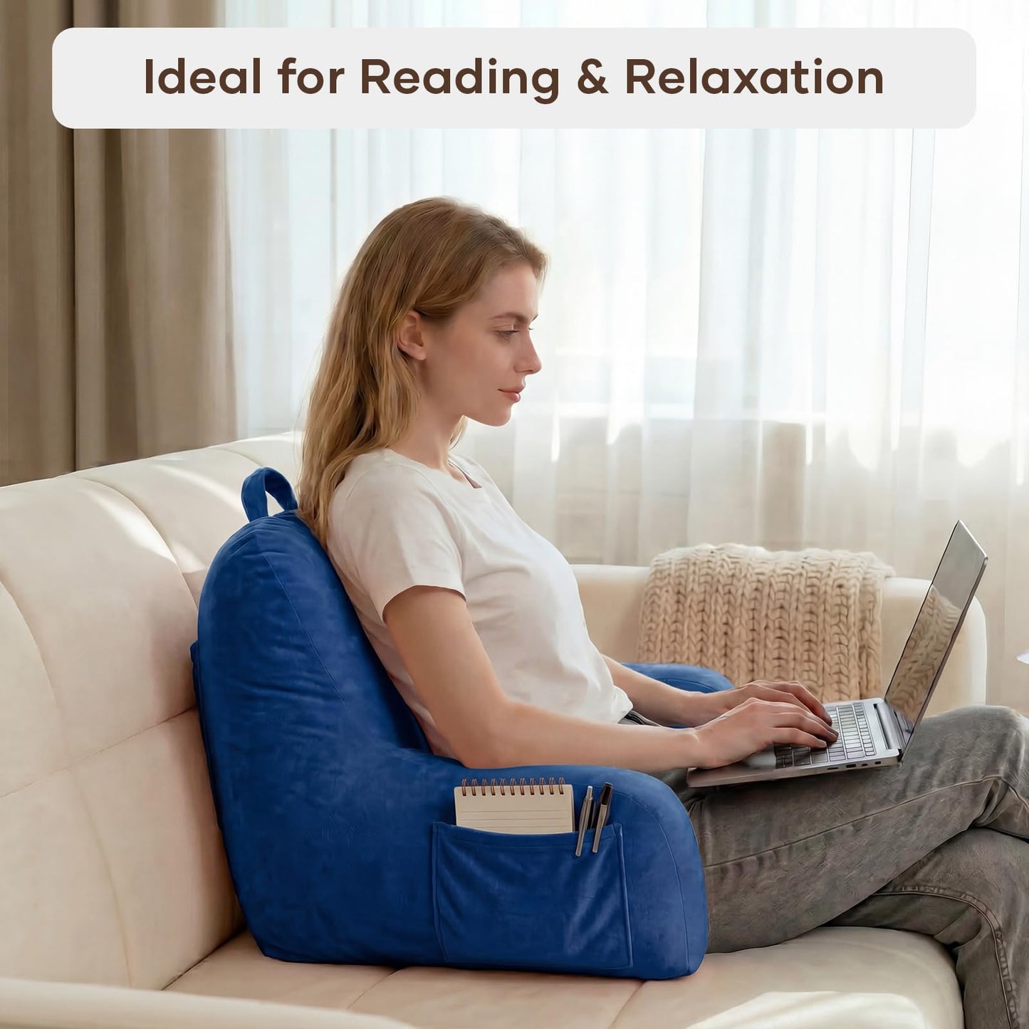 NOONTIDE Reading Pillow for Sitting up in Bed and Couch,Large Back Pillow for Adult & Teens with Soft Adjustable Neck Roll Backrest Pillow,Washable Cover,Watching TV/Gaming/Relaxing(Blue)