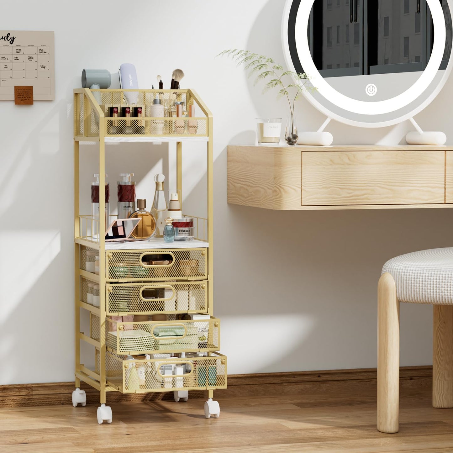HapiRm Makeup Organizer Storage Cart - Floor Skincare Make Up Storage with 4 Drawers, Rolling Makeup Cart Vanity Organizer Cosmetics Display Cases Holder for Skin Care Perfume Nail Polish, Gold