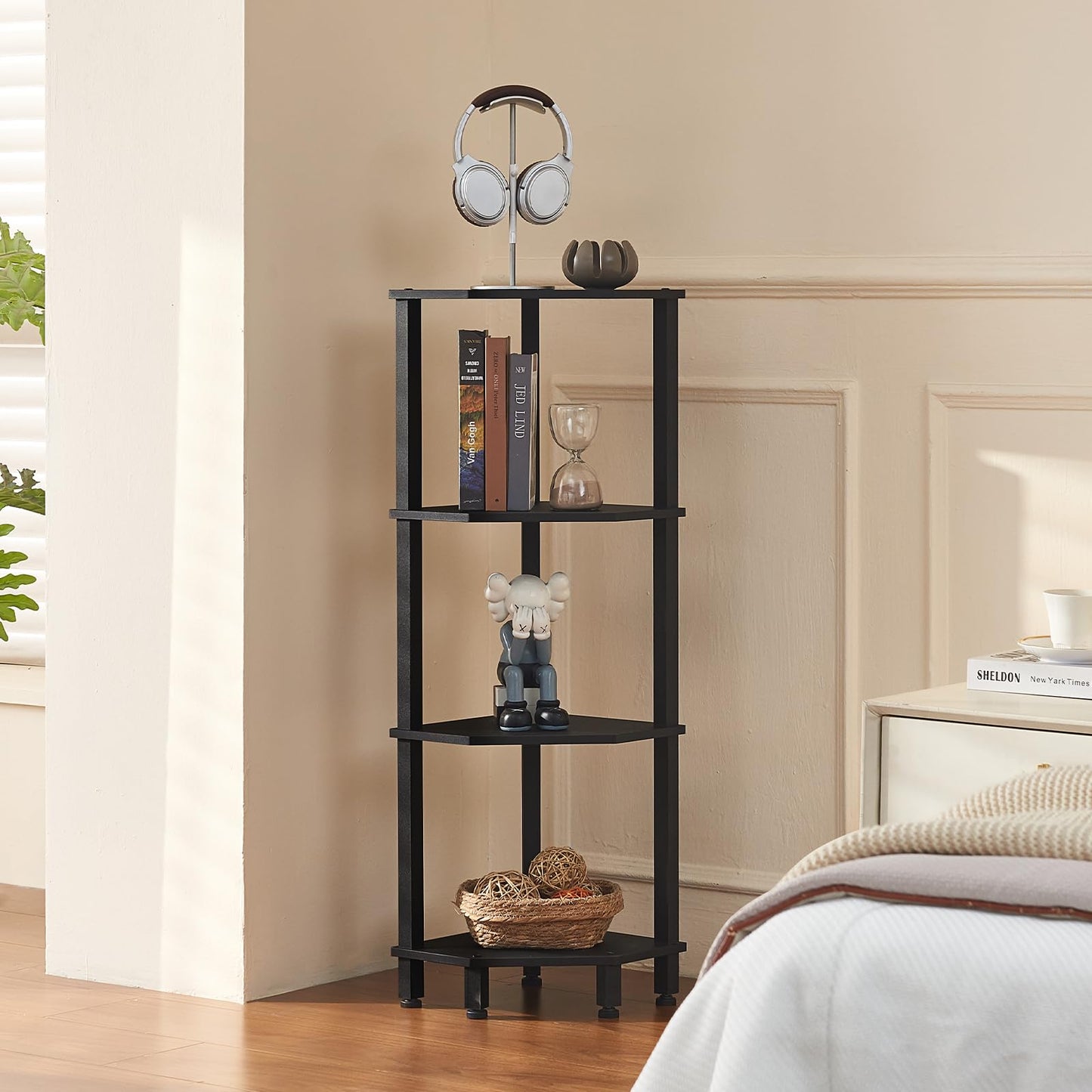 YUFAM 4-Tier Corner Shelf with Sturdy 5-Leg Base, Wooden Corner Bookshelf for Small Spaces, Corner Standing Shelf for Living Room, Bedroom, Office, Black