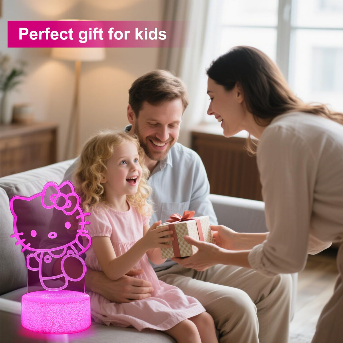 sunduck Pink Kawaii Kitty 3D Night Light with Corded Control- Dreamy Girls Room Decor, Perfect Birthday/Christmas Gift for Kids, Unique Holiday Present