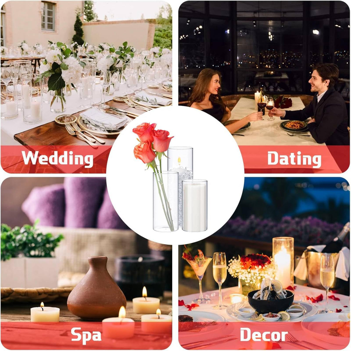 Didaey 6 Pcs Thin Cylinder Vases Set for Centerpieces 2.5'' Diameter 2mm Thickness Clear Glass Vase Hurricane Floating Candle Holder for Wedding Table Decoration (2.5'' X 5'',6'',8'')