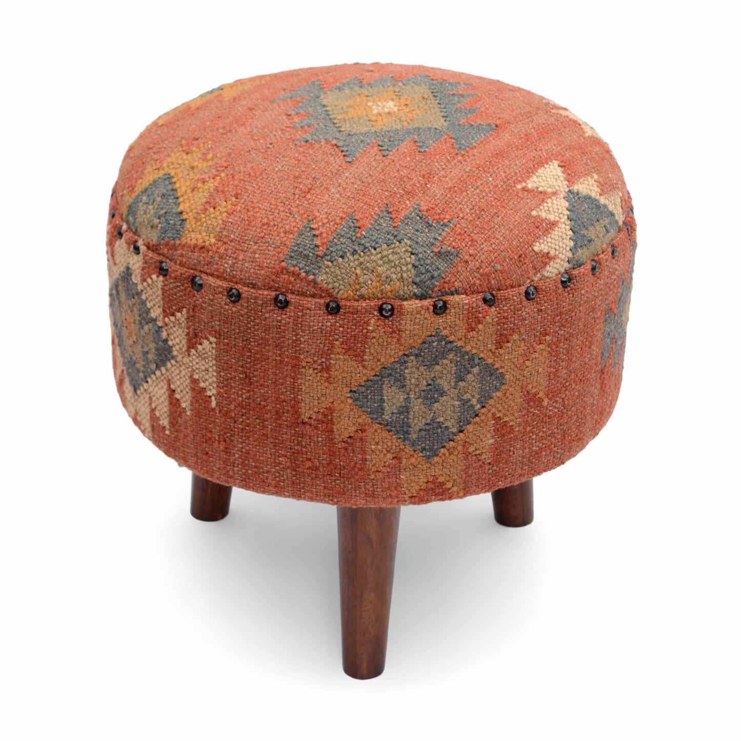 NATURAL FURNISH Handmade Kilim Jute Pouf Ottoman Stool | Round Upholstered Seating with Acacia Wood Legs | Decorative Foot Rest for Living Room, Bedroom, Reading Room & Lounge (Red)