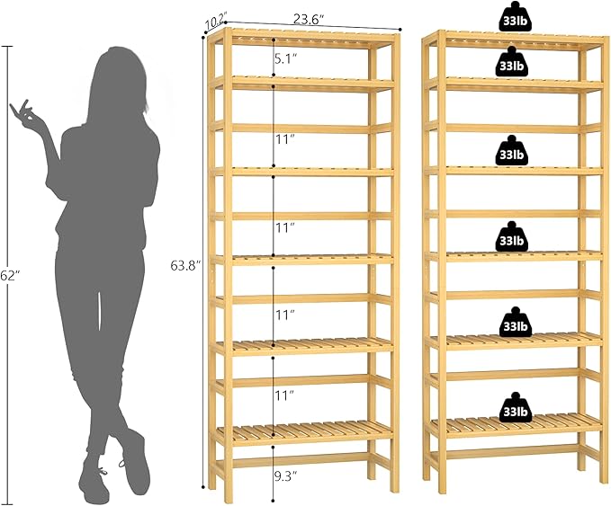 Homykic 6-Tier Bamboo Bookshelves and Bookcases, Adjustable 63.4”Tall Shallow