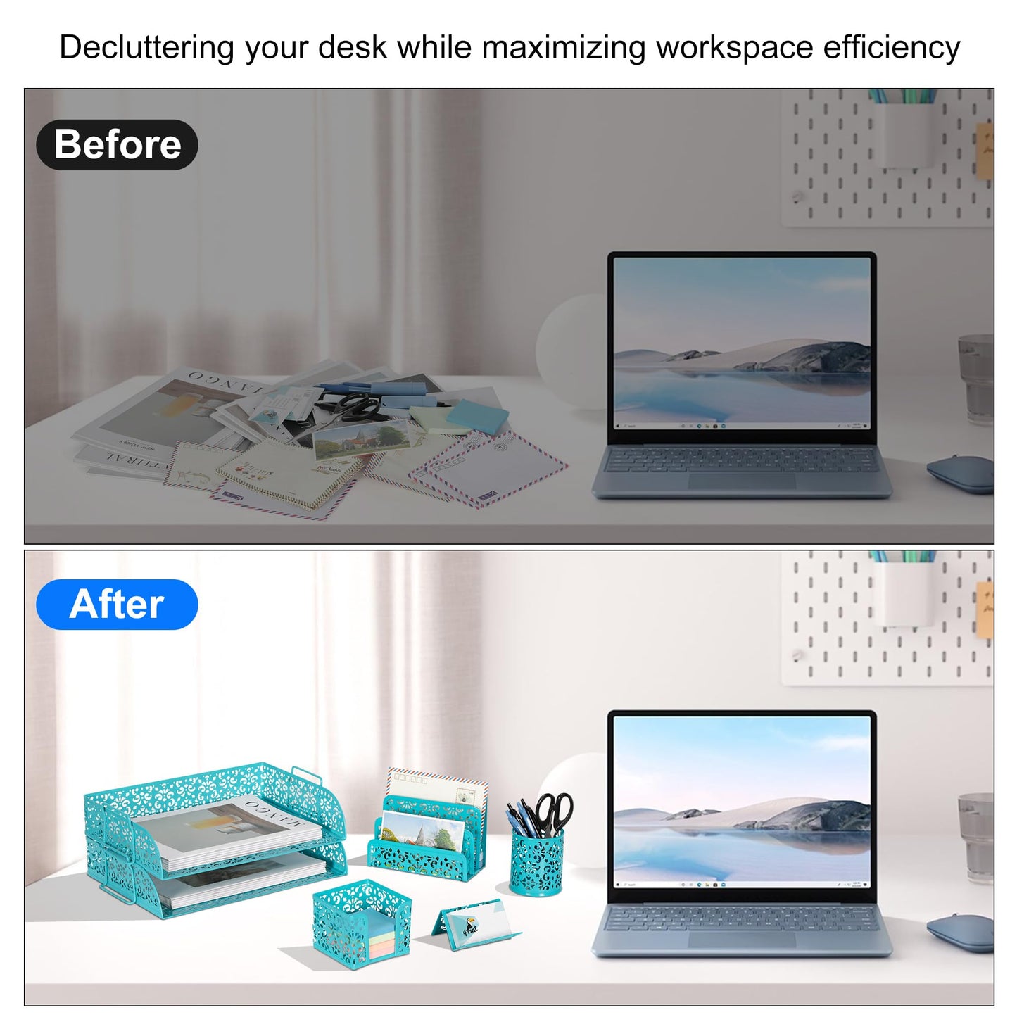 EasyPAG Desk Organizers and Accessories 5 Pieces Office Supplies Set - 2 Tier Paper Tray, Pencil Organizer for Desk, Mail Sorter Countertop, Business Card Holder and Sticky Note Holder, Dark Teal