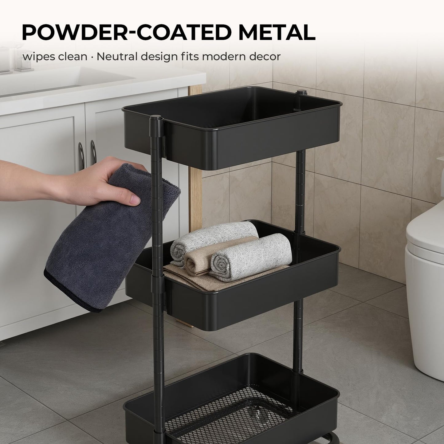 3 Tier Utility Rolling Cart, Heavy Duty Metal Rolling Cart with Wheels, Storage Organizer, Portable Mobile Shelving Unit for Office, Bathroom, Kitchen (Black)