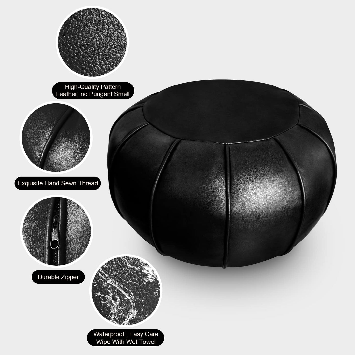 Louis Donné Round Unstuffed Faux Leather Pouf Ottoman Cover, Portable Indoor Outdoor Foot Rest Cover with Invisible Zipper, Sturdy Footstool Cushion Case for Home Patio Balcony Daily Use, Cover Only