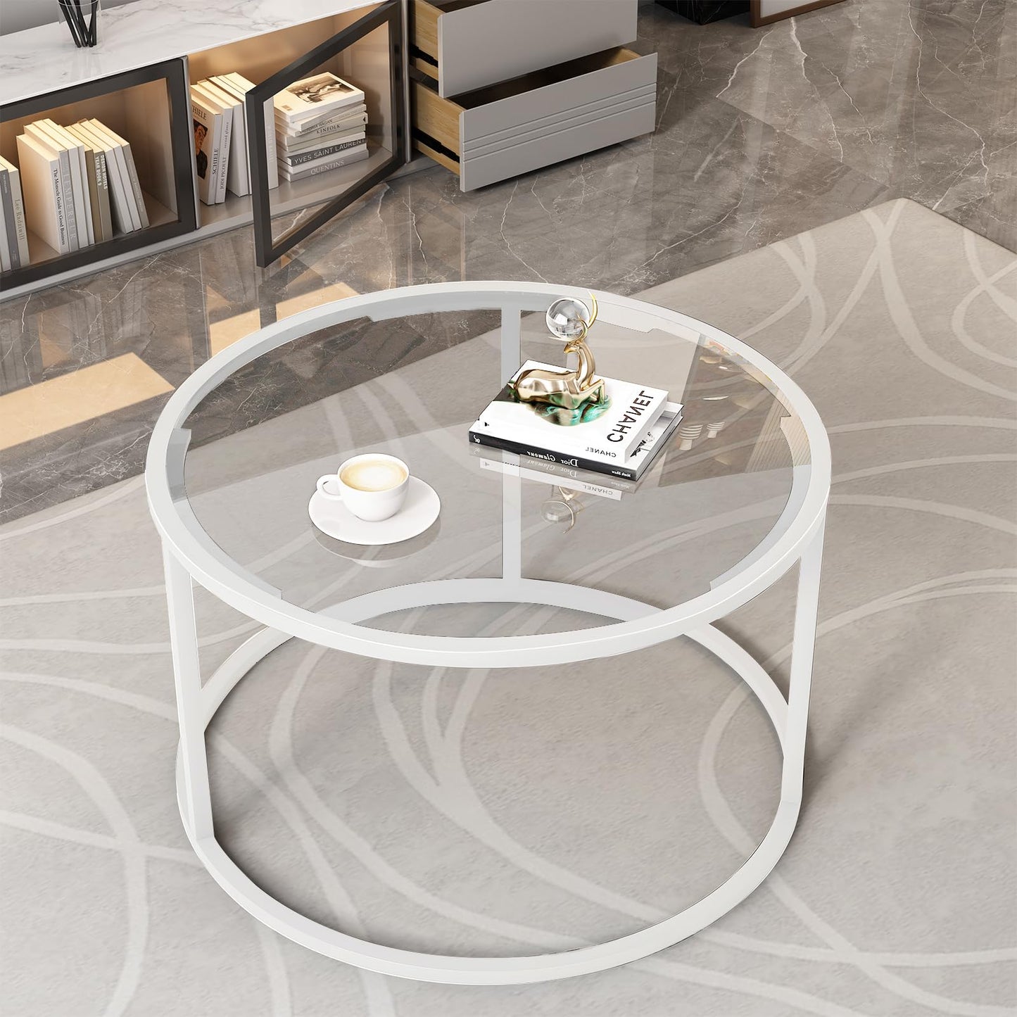 Round Glass Coffee Table for Living Room,Minimalist Modern Center Table with Metal Frame for Small Space,Easy Assembly,27 x 27In, White