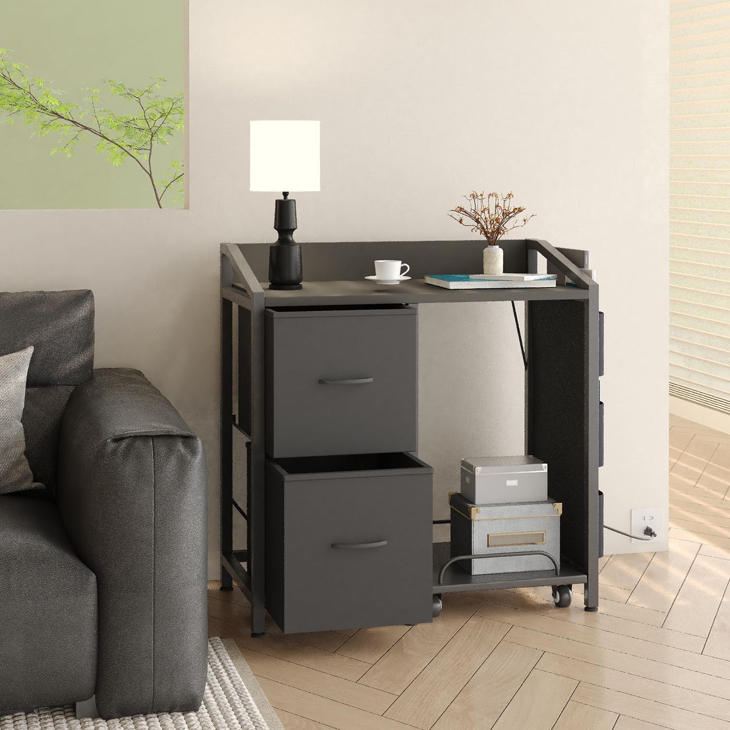 WODRAWER Printer Stand with Storage, Lateral Office Filing Cabinets with Power outlets & USB Charging Port, File Cabinet with Large Printer Stands for Home Office, Shredder Stand Rack (Black)