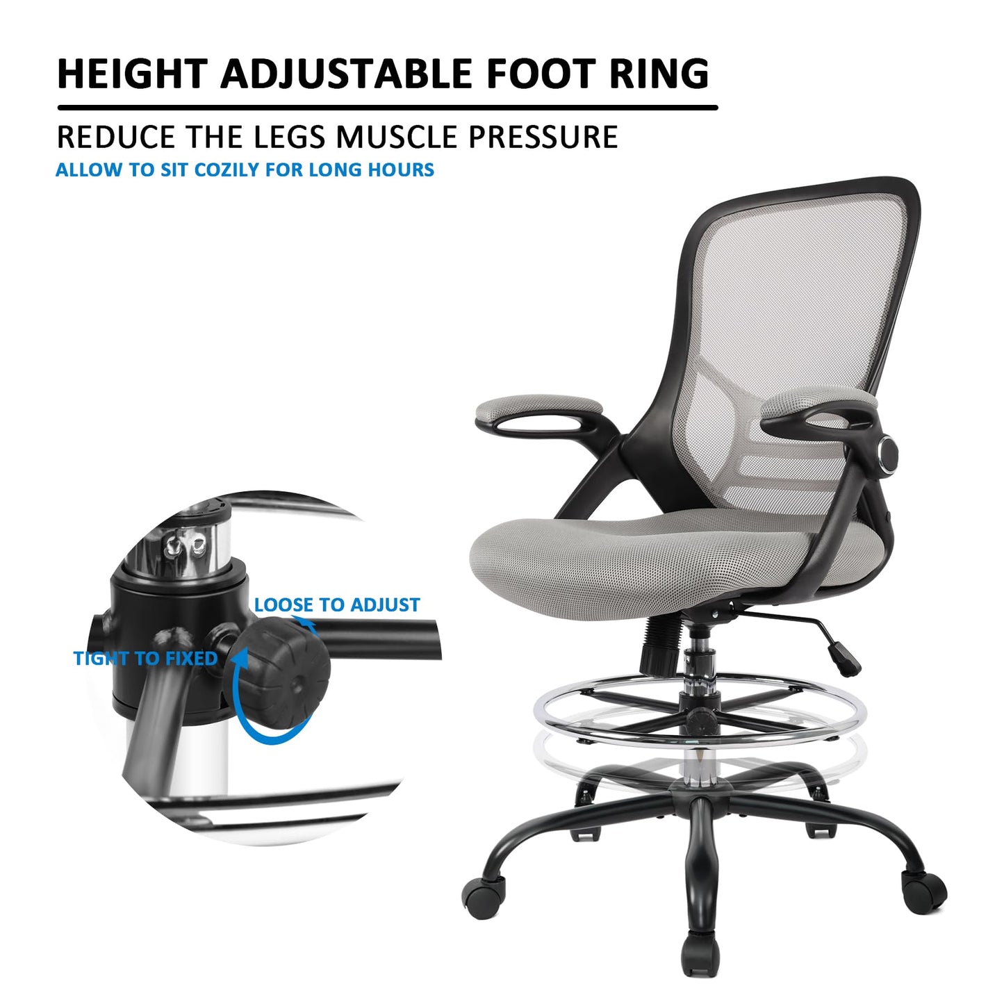 HYLONE Drafting Chair, Tall Office Chair Standing Desk Chair Grey Mesh High-Back Drafting Stool with Flip-Up Arms, Adjustable Foot Ring