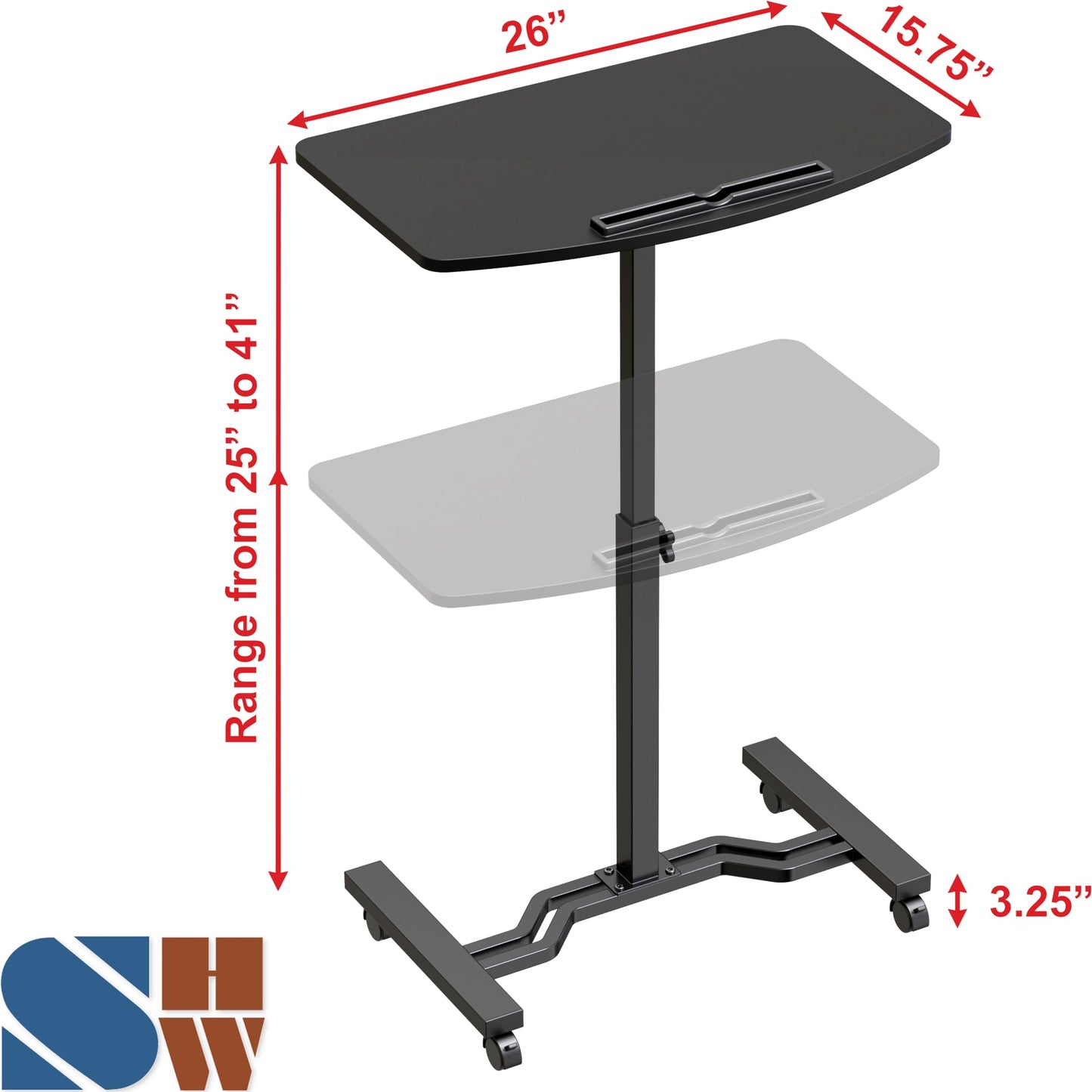 SHW 25" to 41" Height Adjustable Rolling Laptop Desk with Tilting Desktop for Home Office and Sofa Beside, Black