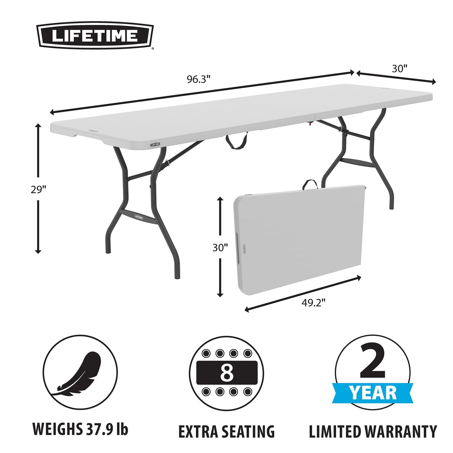 LIFETIME 8-Foot Fold in Half Table, Light Commercial, White Granite