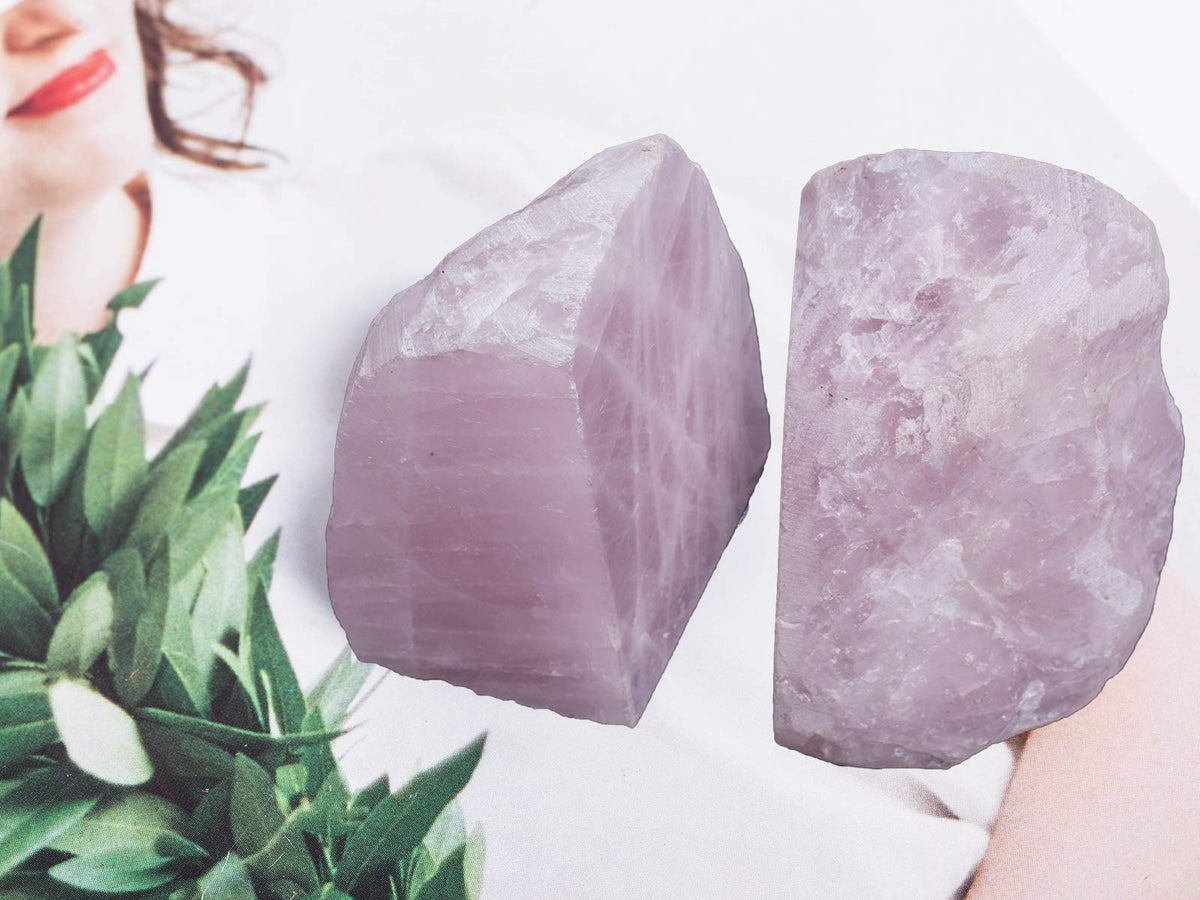 AMOYSTONE Teal Agate Bookends 2-3 lbs & Rose Quartz Book Ends 3-4 lbs for Home Office